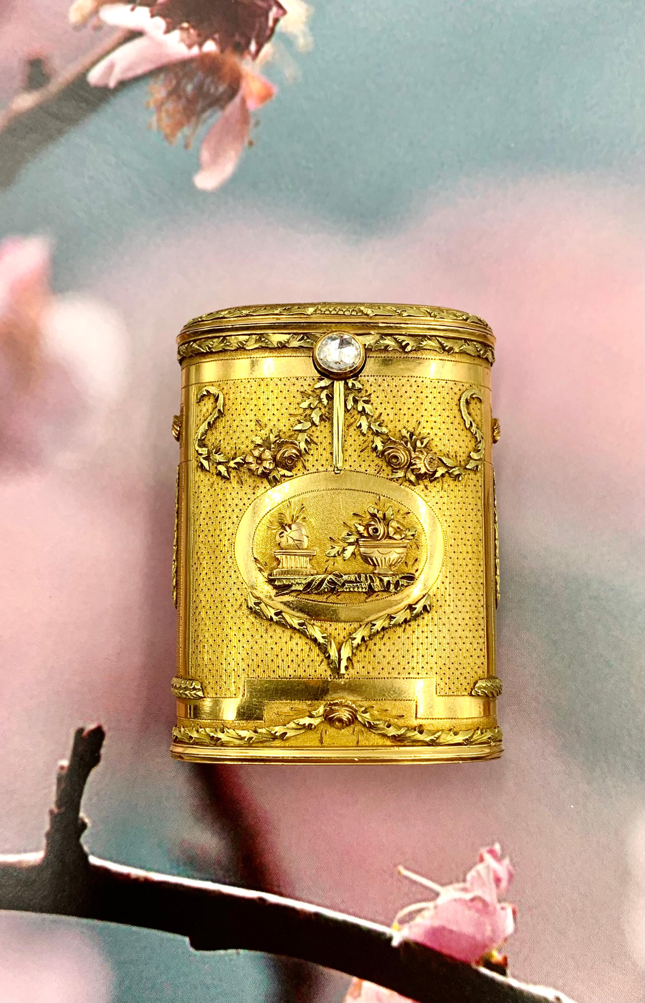 Rare Antique Latin American Three Color Gold, Diamond Allegory of Love Oval Box For Sale 7