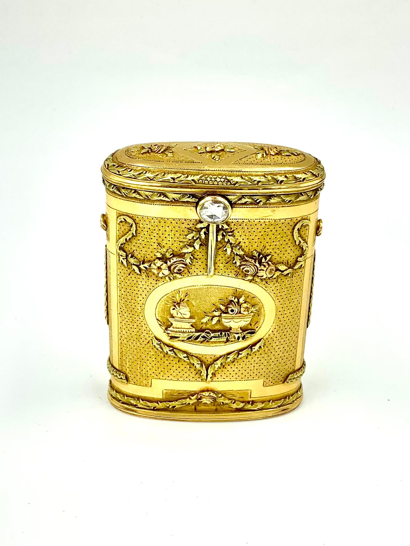 Seltene antike lateinamerikanische Dreifarbige Gold-, Diamant-Allegorie der Liebe Ovalschachtel (Neoklassisch) im Angebot