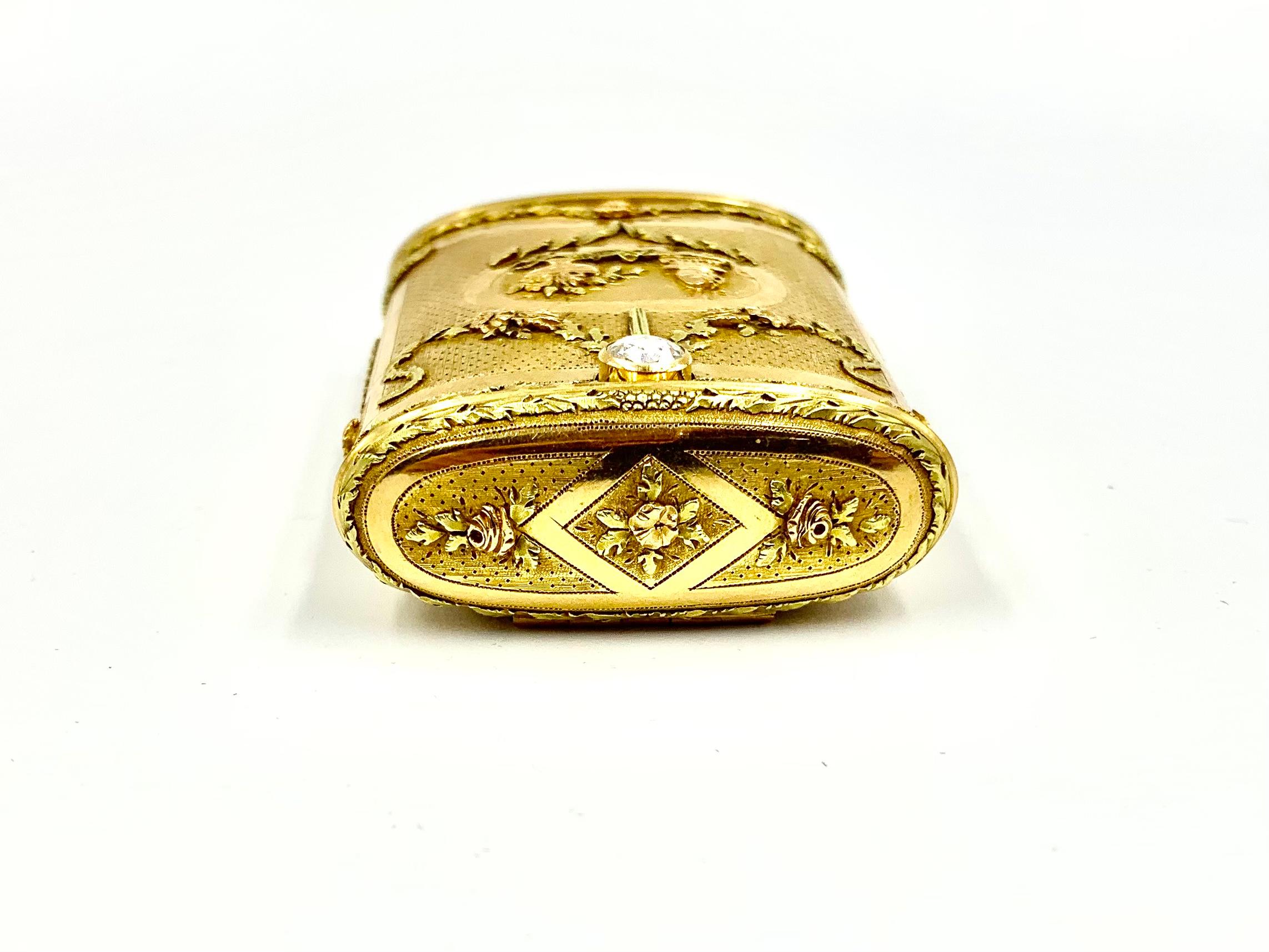 Women's or Men's Rare Antique Latin American Three Color Gold, Diamond Allegory of Love Oval Box For Sale
