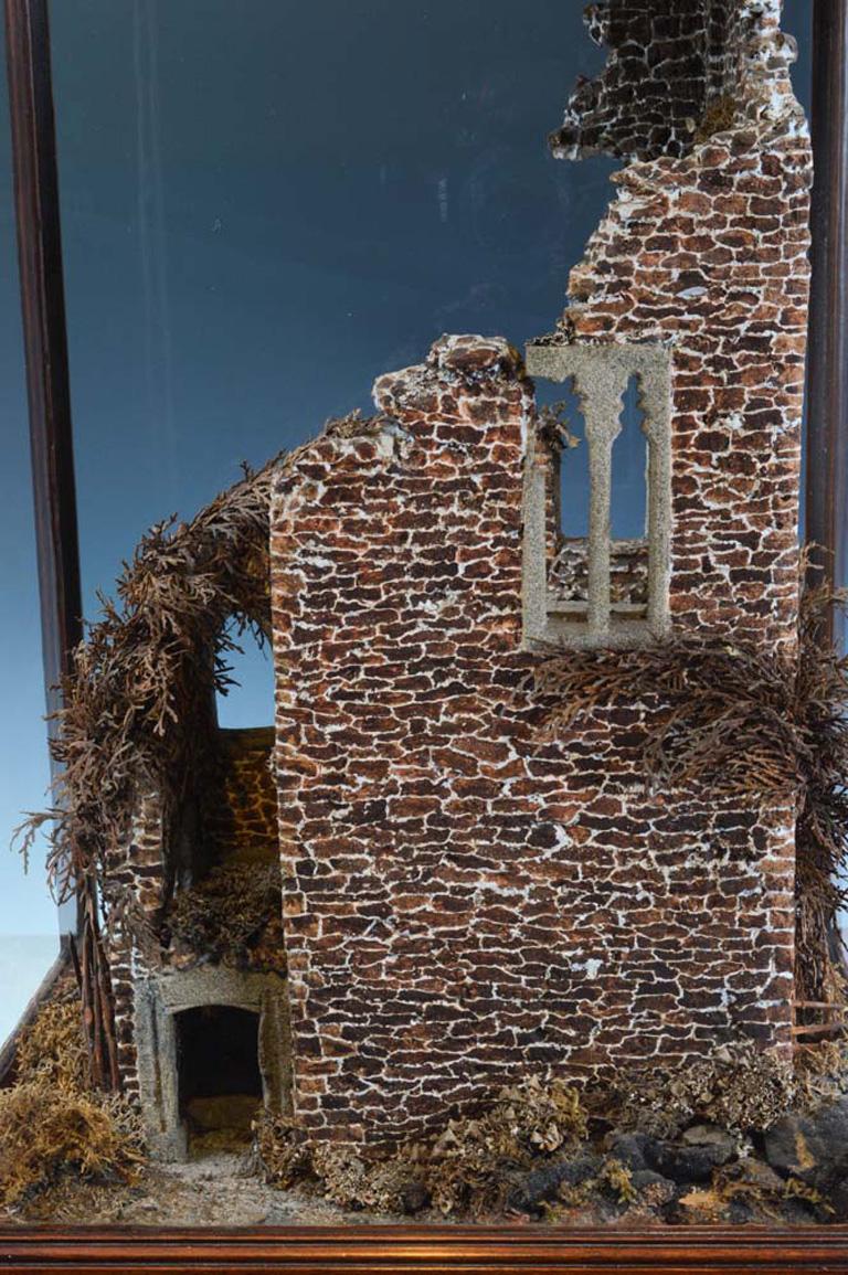 English Rare Antique Mahogany Cased Cork Model of Castle Ruins