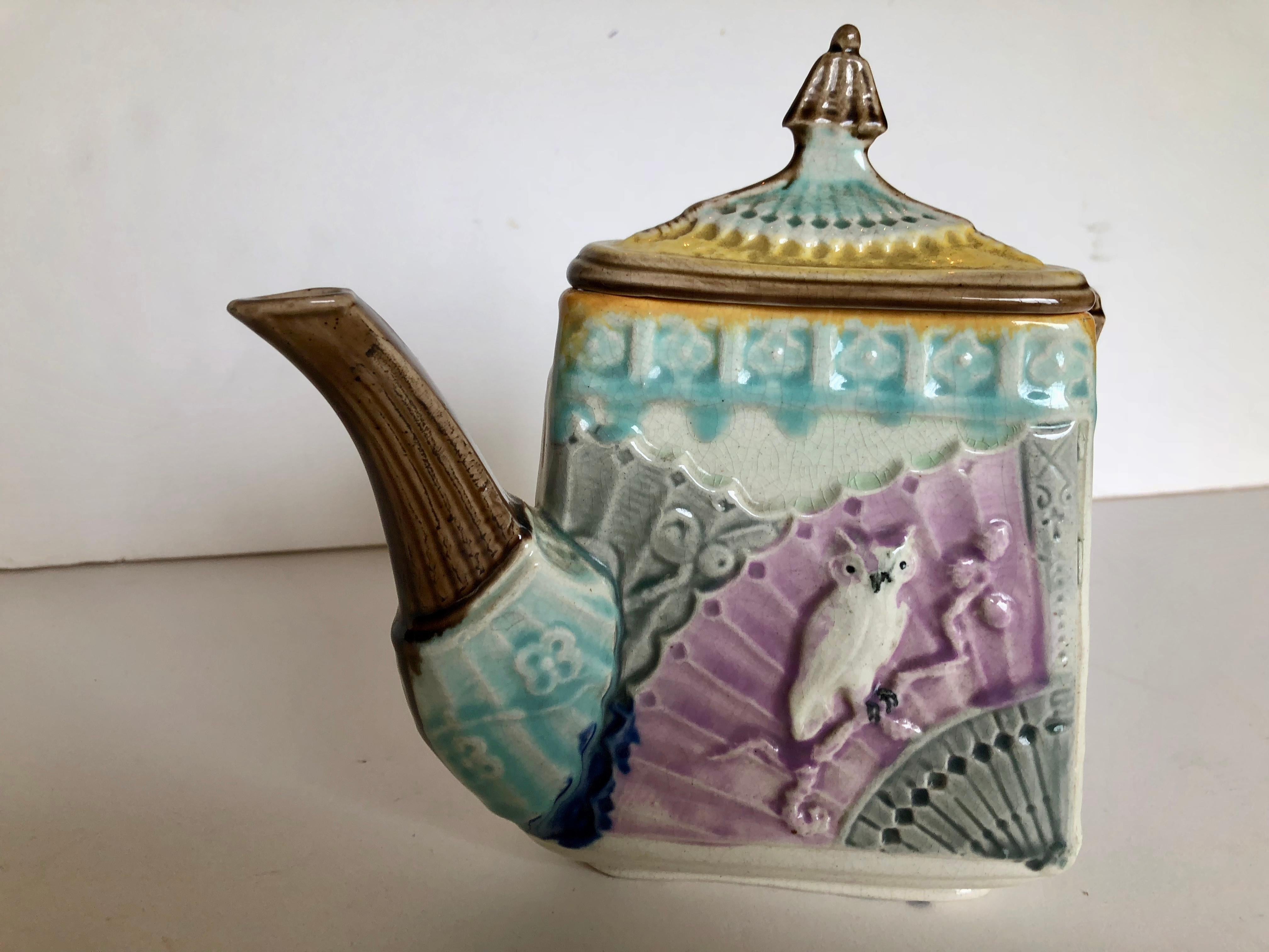 American Rare Antique Majolica Triangular Teapot, Owl and Fan, circa 1885 For Sale