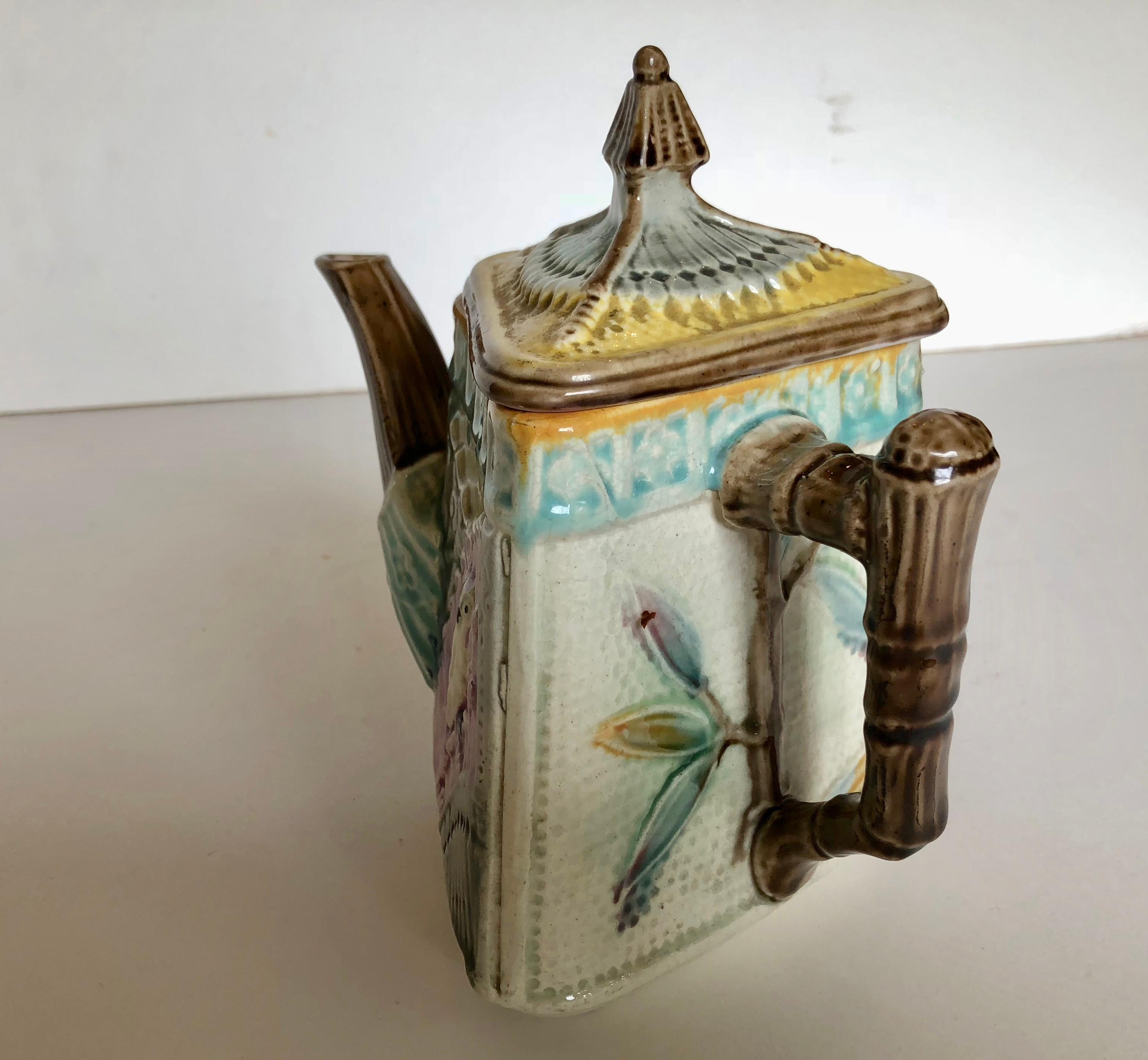 Rare Antique Majolica Triangular Teapot, Owl and Fan, circa 1885 In Good Condition For Sale In Glen Ellyn, IL