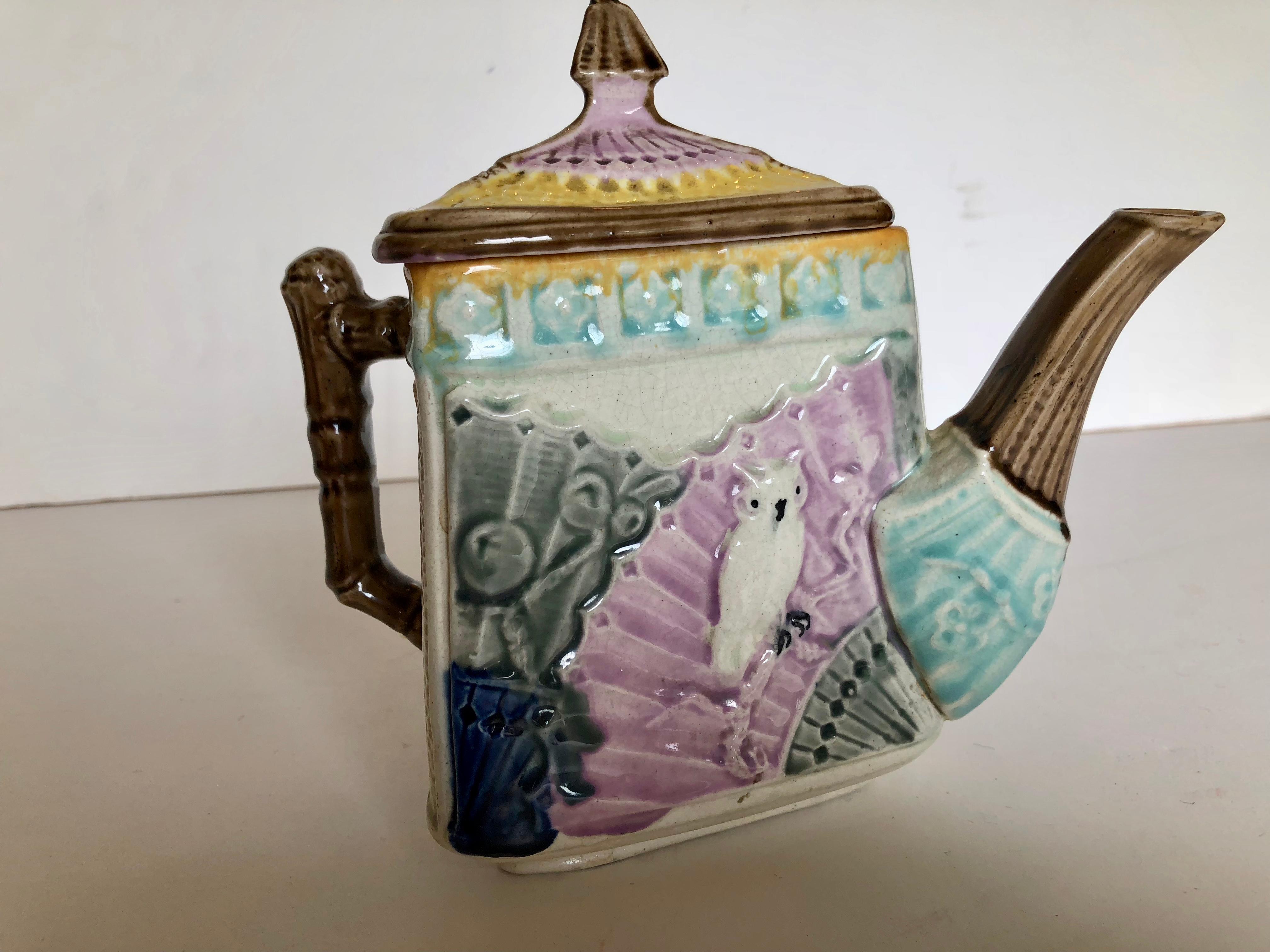 Late 19th Century Rare Antique Majolica Triangular Teapot, Owl and Fan, circa 1885 For Sale