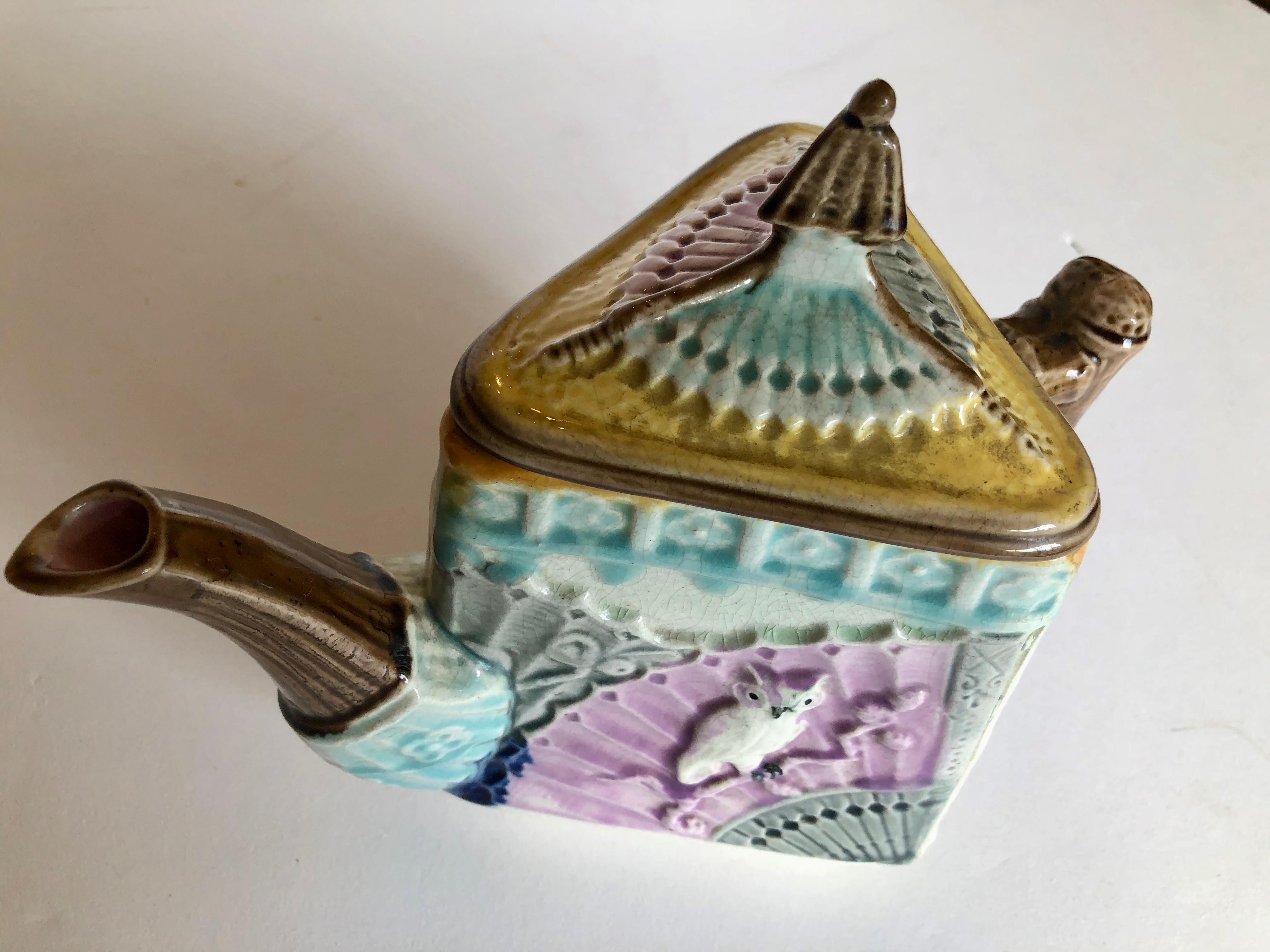 Rare Antique Majolica Triangular Teapot, Owl and Fan, circa 1885 For Sale 4