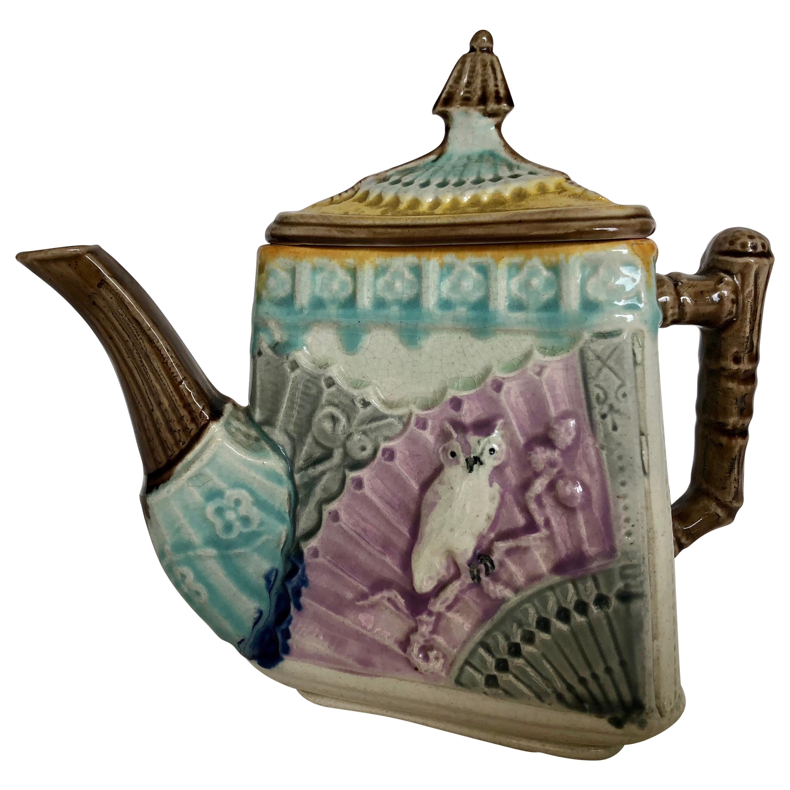 Rare Antique Majolica Triangular Teapot, Owl and Fan, circa 1885 For Sale