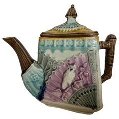 Rare Antique Majolica Triangular Teapot, Owl and Fan, circa 1885