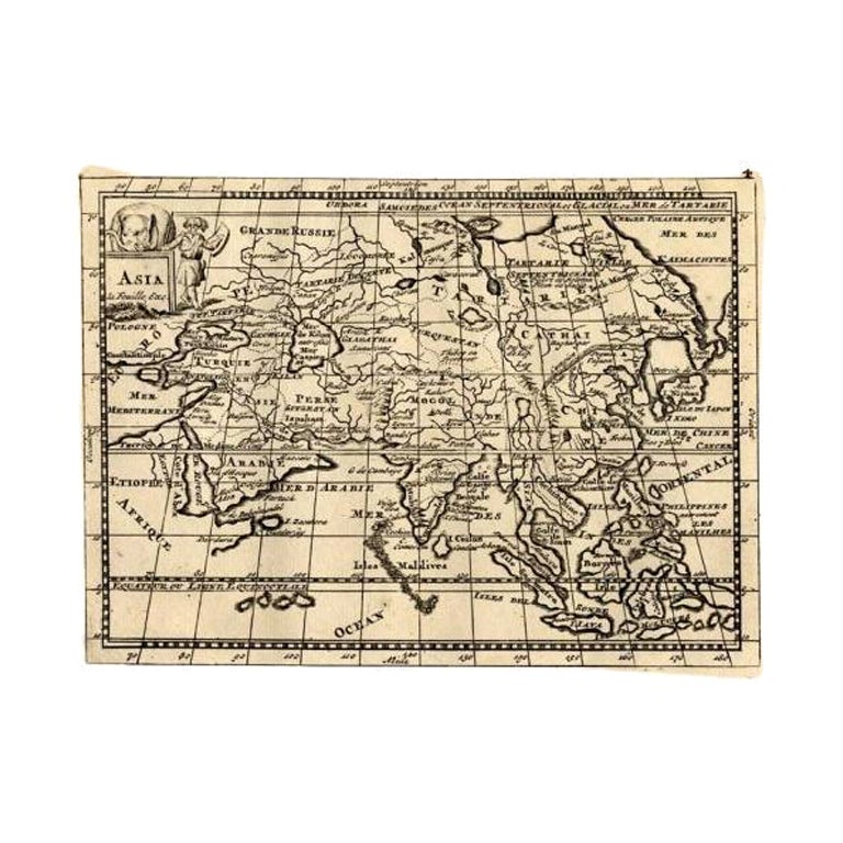 Rare Antique Map of Asia with Cartouche Depicting an Elephant, 1753