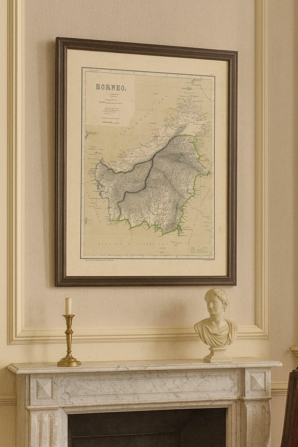 Mappa antica del Borneo delle Indie Orientali Olandesi Coloniali Kalimantan Cartografia

Questa mappa antica e decorativa raffigura l'isola del Borneo nella sua interezza durante il tardo periodo coloniale olandese, mostrando il vasto territorio che