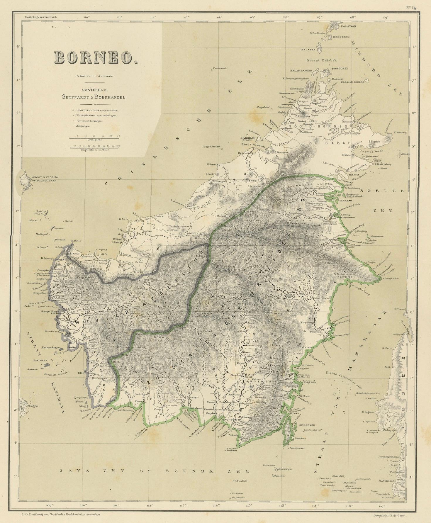 Olandese Rara mappa antica del Borneo (Kalimantan), epoca coloniale delle Indie Orientali Olandesi, 1884 in vendita