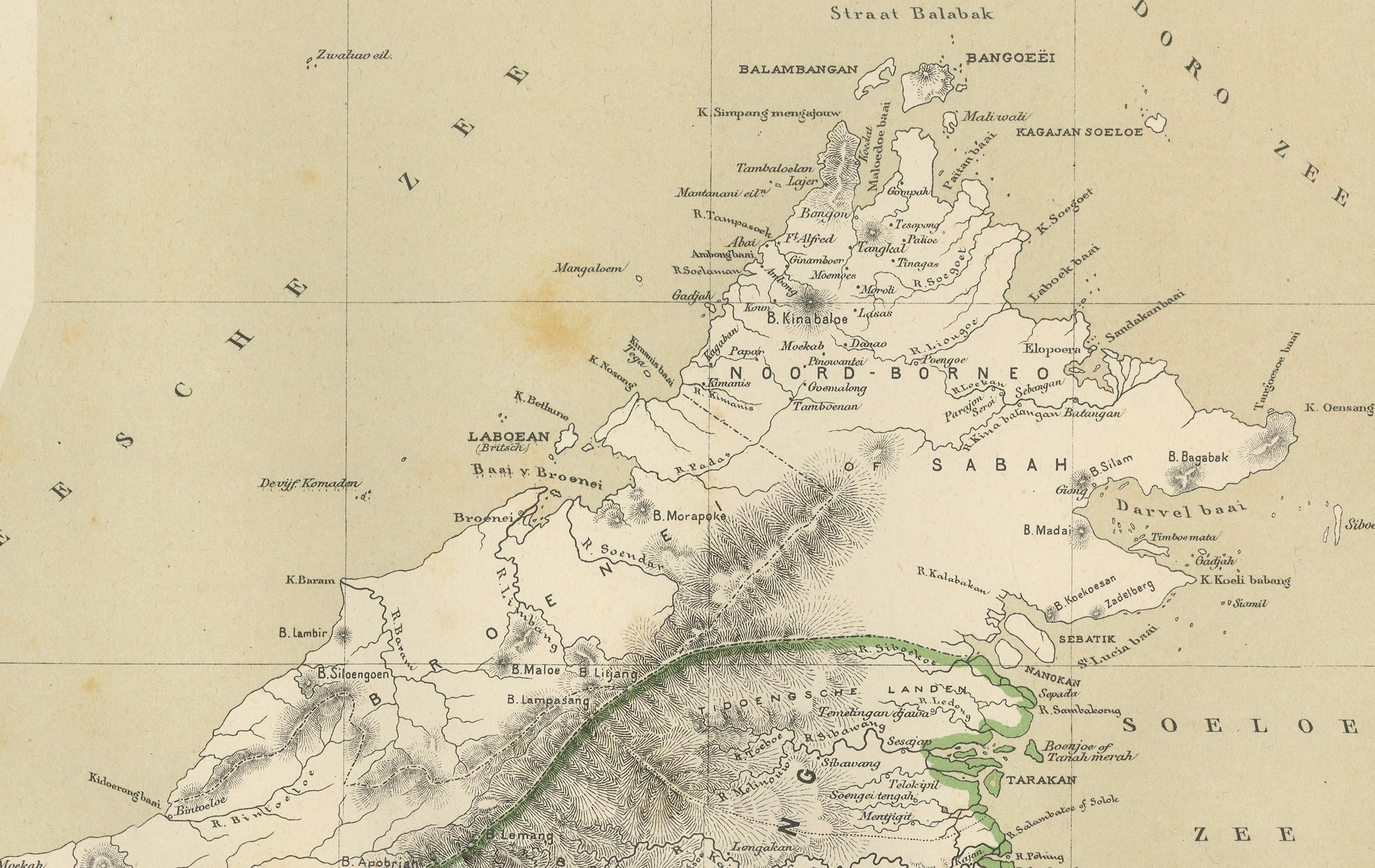 Rara mappa antica del Borneo (Kalimantan), epoca coloniale delle Indie Orientali Olandesi, 1884 In condizioni buone in vendita a Langweer, NL