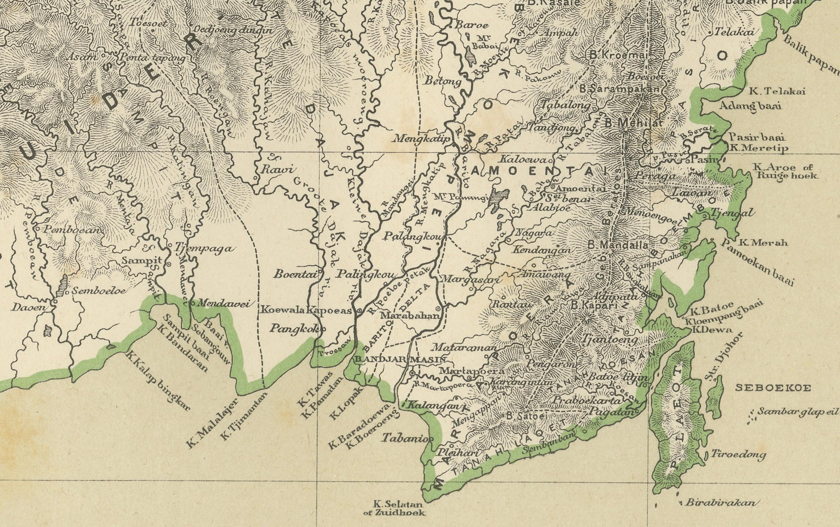 Fine XIX secolo Rara mappa antica del Borneo (Kalimantan), epoca coloniale delle Indie Orientali Olandesi, 1884 in vendita