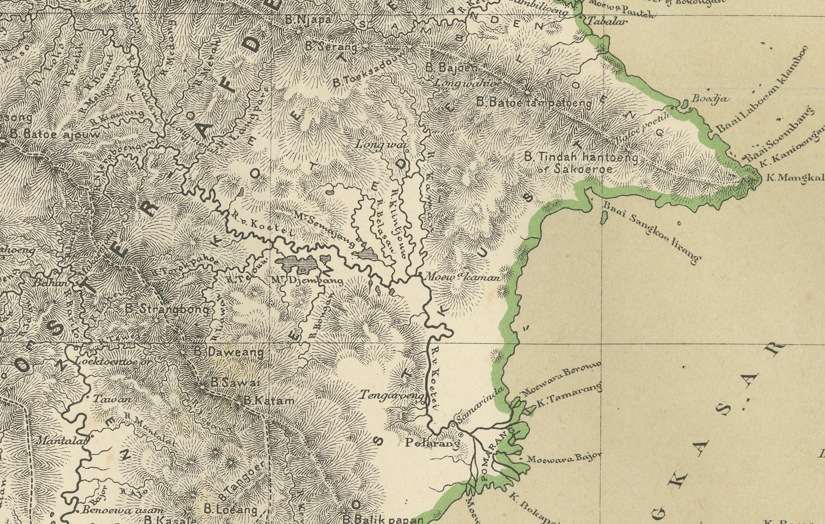 Carta Rara mappa antica del Borneo (Kalimantan), epoca coloniale delle Indie Orientali Olandesi, 1884 in vendita