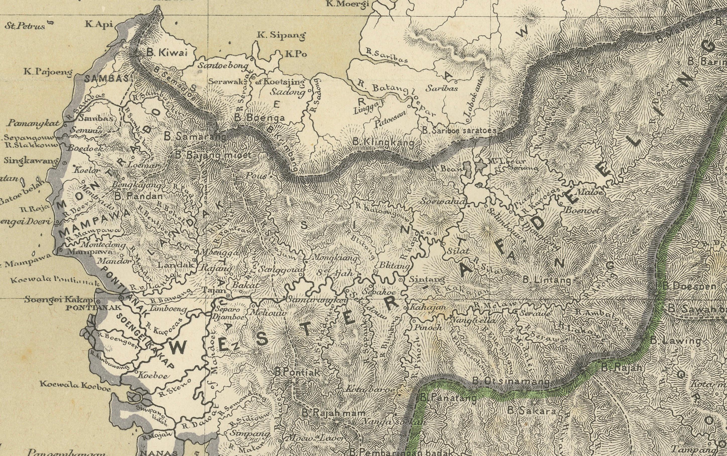 Rara mappa antica del Borneo (Kalimantan), epoca coloniale delle Indie Orientali Olandesi, 1884 in vendita 1