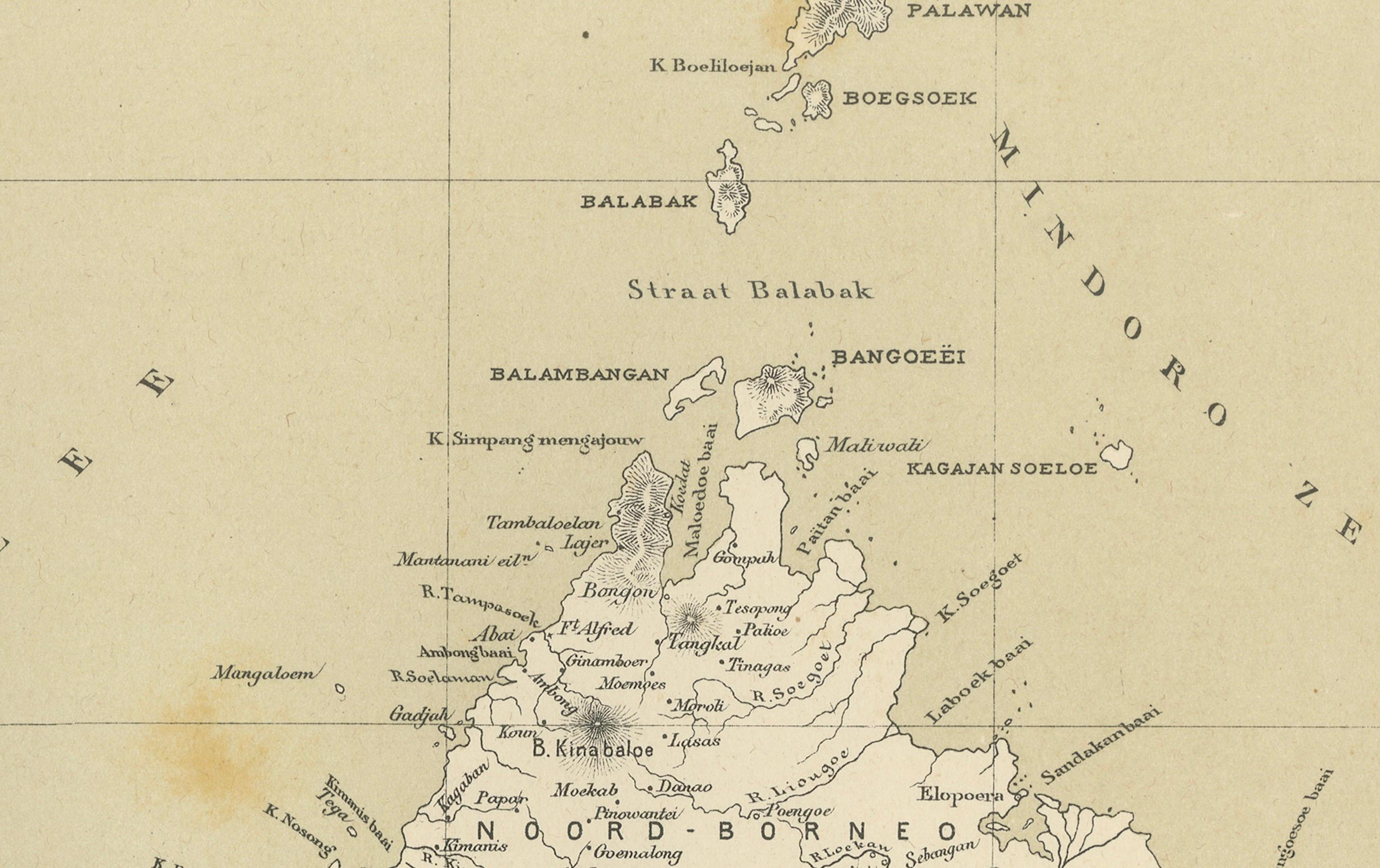 Rara mappa antica del Borneo (Kalimantan), epoca coloniale delle Indie Orientali Olandesi, 1884 in vendita 3