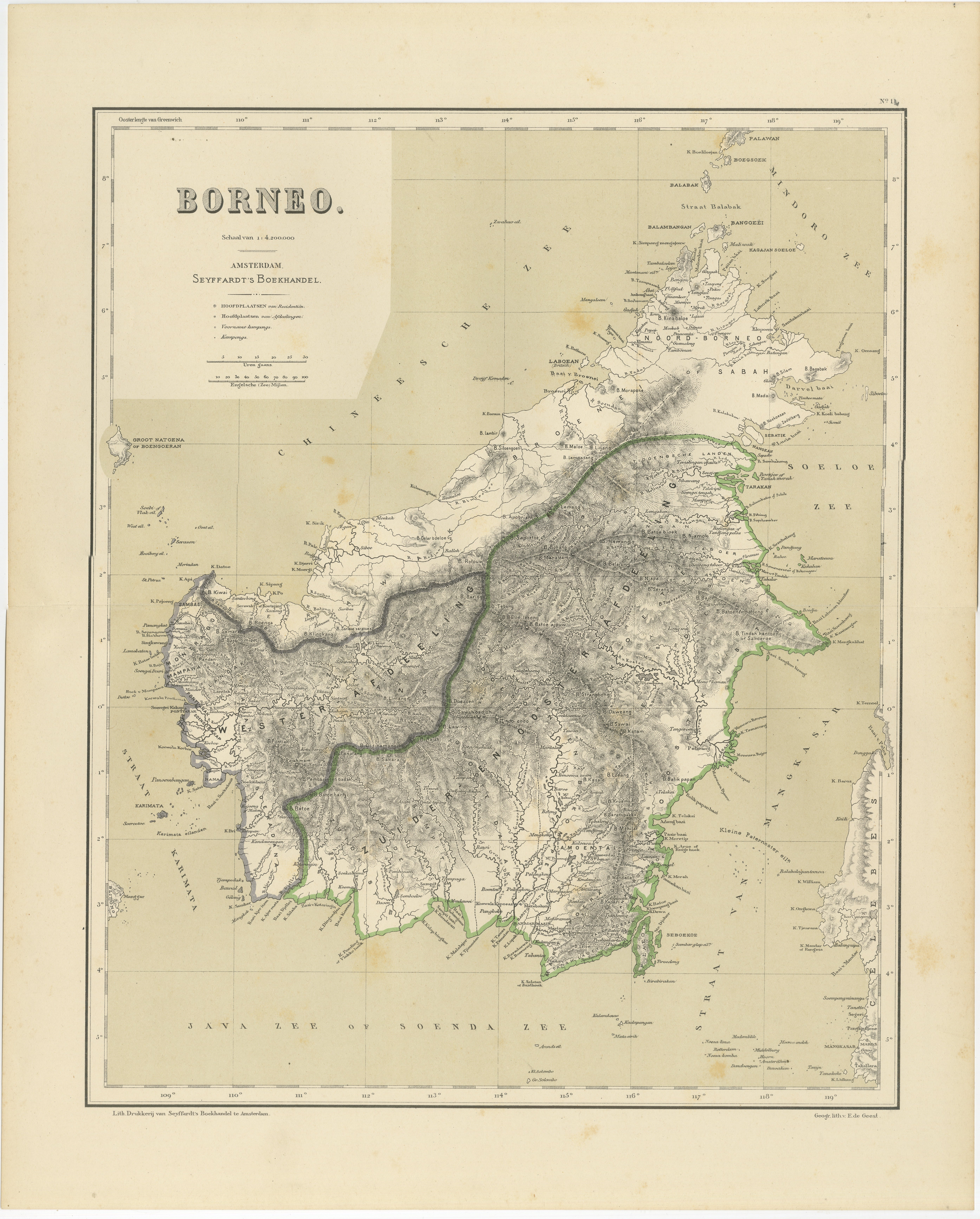 Rare carte ancienne de Bornéo (Kalimantan), époque coloniale des Indes orientales néerlandaises, 1884