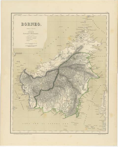 Rare Antique Map of Borneo (Kalimantan), Dutch East Indies Colonial Era, 1884
