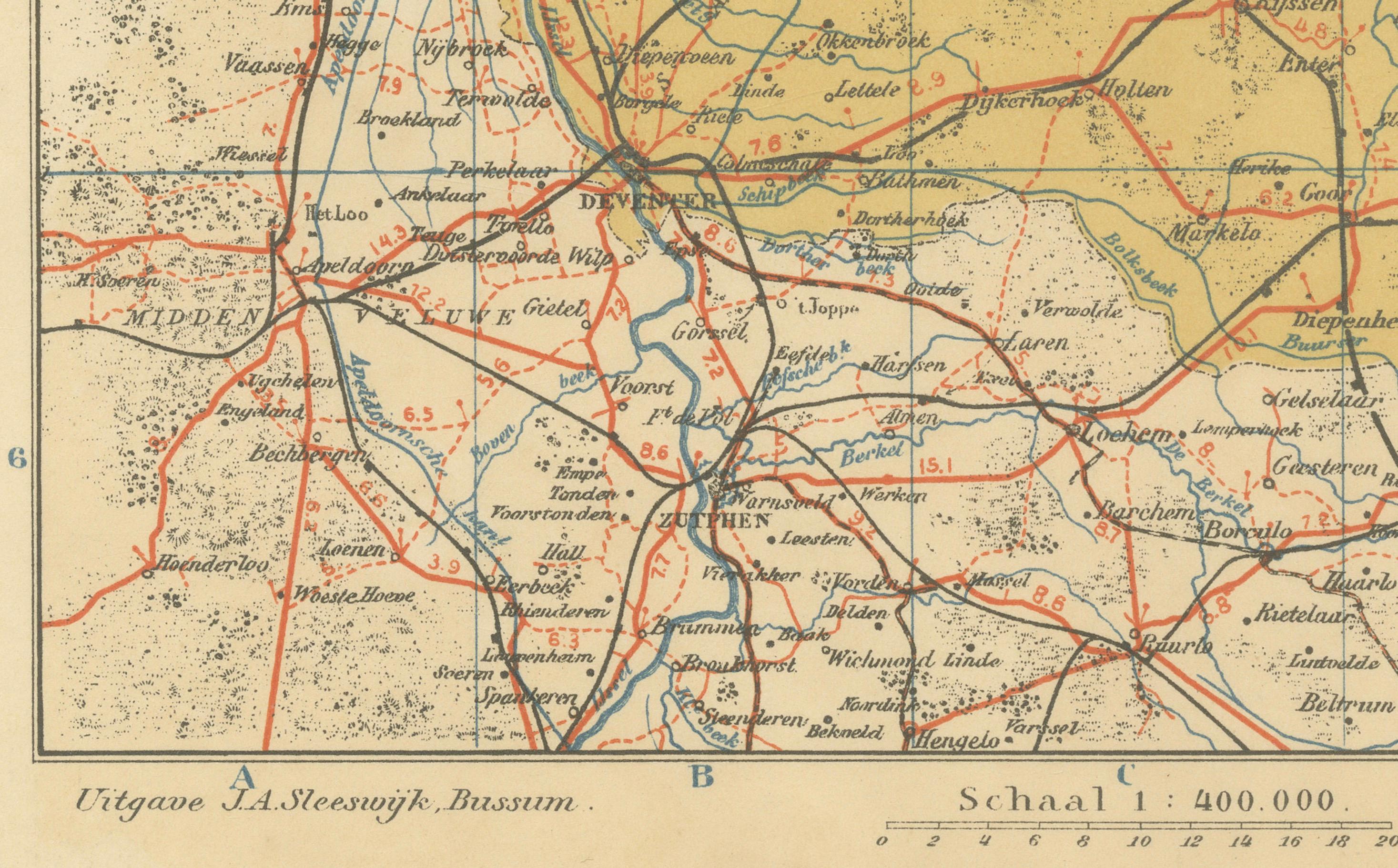 Rare carte ancienne de Drenthe et Overijssel - Sleeswijk Atlas of Provinces, 1914 Bon état - En vente à Langweer, NL