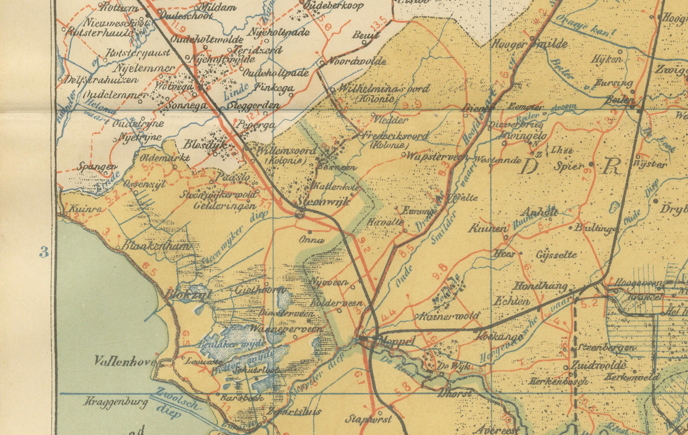 Papier Rare carte ancienne de Drenthe et Overijssel - Sleeswijk Atlas of Provinces, 1914 en vente