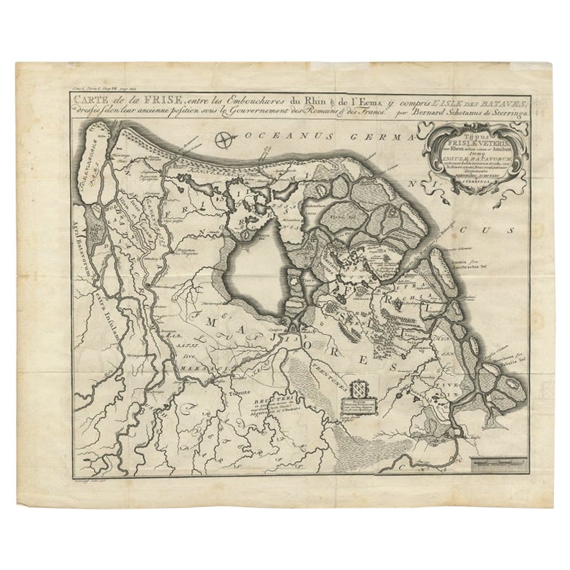 Raro mapa antiguo de Frisia en la época romana, publicado en 1778