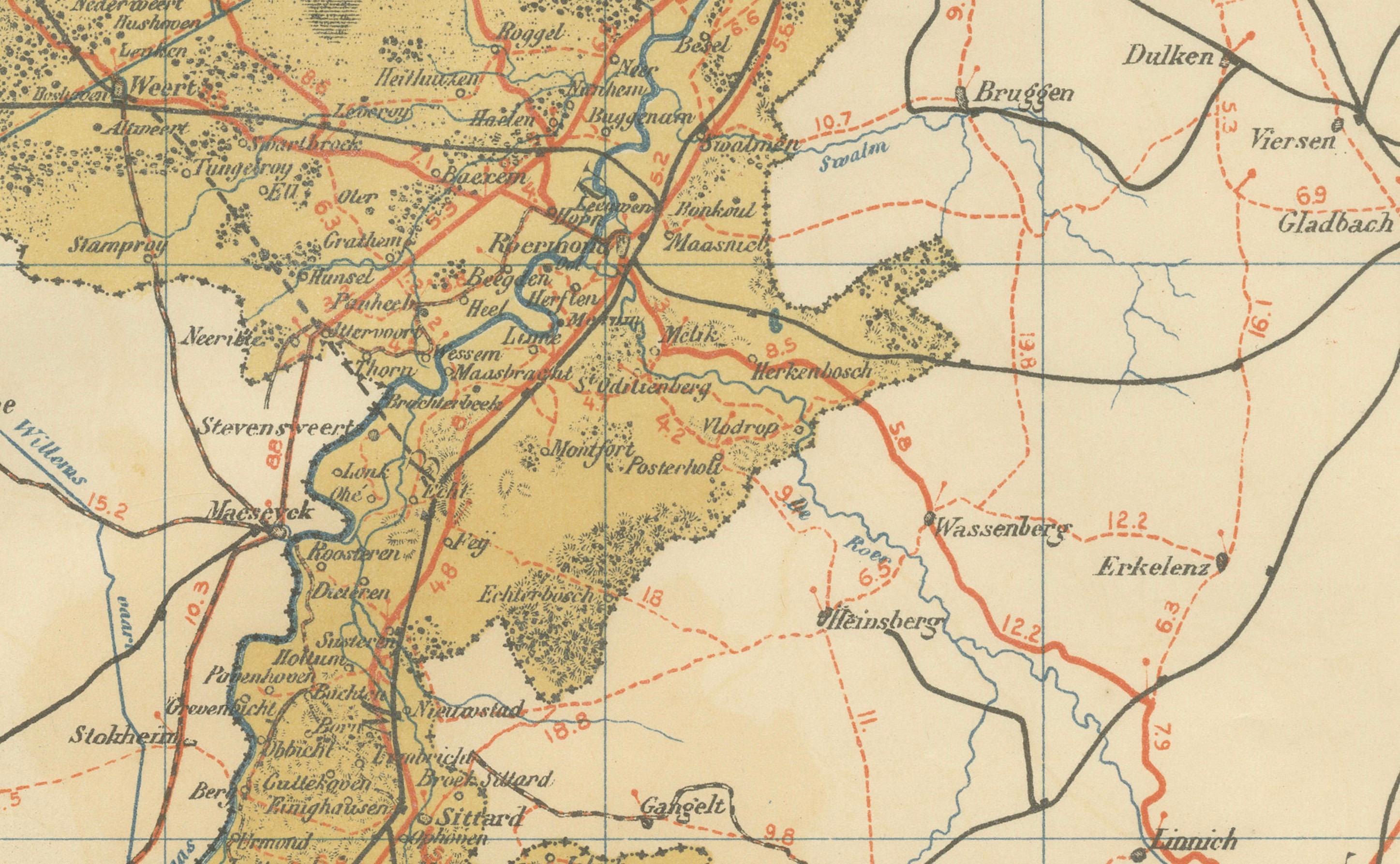 20ième siècle Rare carte ancienne du Limburg - Atlas Sleeswijk des Pays-Bas, 1914 en vente