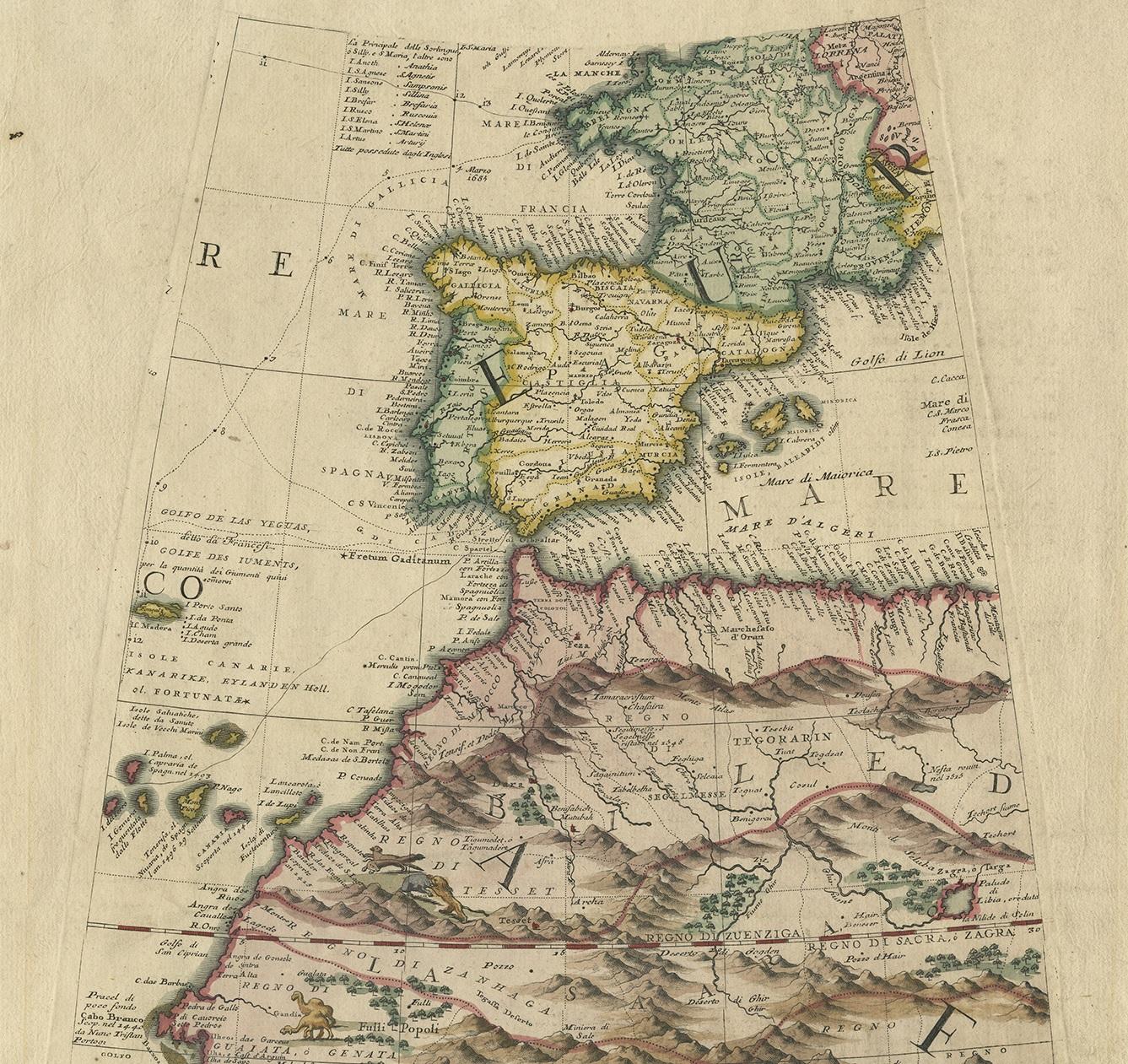 Rare carte ancienne d'Europe du Sud-Ouest et d'Afrique de l'Ouest par V.M. Coronelli, 1692 Bon état - En vente à Langweer, NL