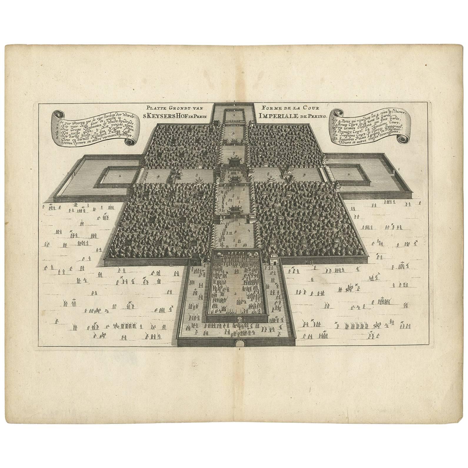 Rare carte ancienne de la cour impériale de Pékin en Chine, 1665 en vente