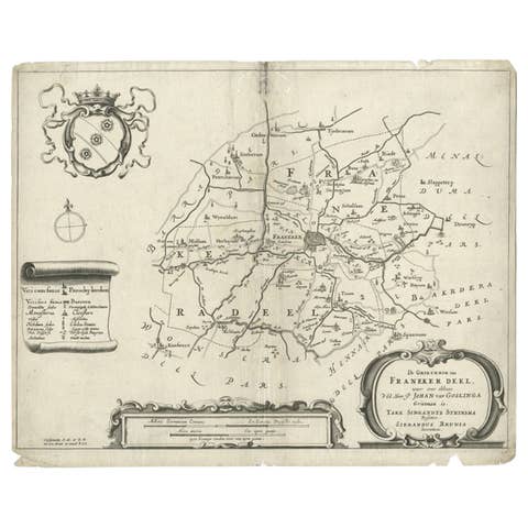 Rare Antique Map of the Region of Franekeradeel, The Netherlands 1664