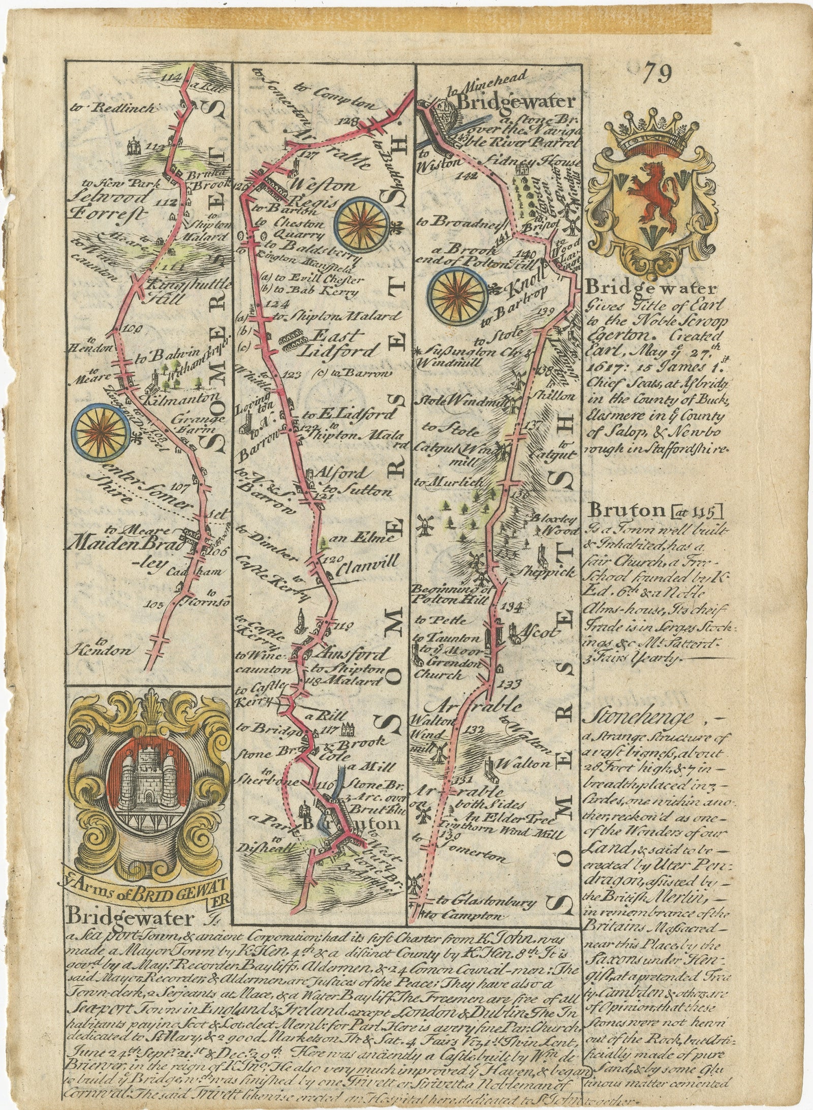 Antique map titled 'Bridgewater, Bruton'. 

Double sided road strip map showing the route from Maiden Bridge to Dulverton, via Bruton, Weston Regis, Bridgewater and Dulverton. This map originates from 'Britannia Depicta or Ogilby Improv'd' by J.