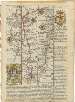 Rare Antique Map of the Route from Maiden Bridge to Dulverton, England, c.1720