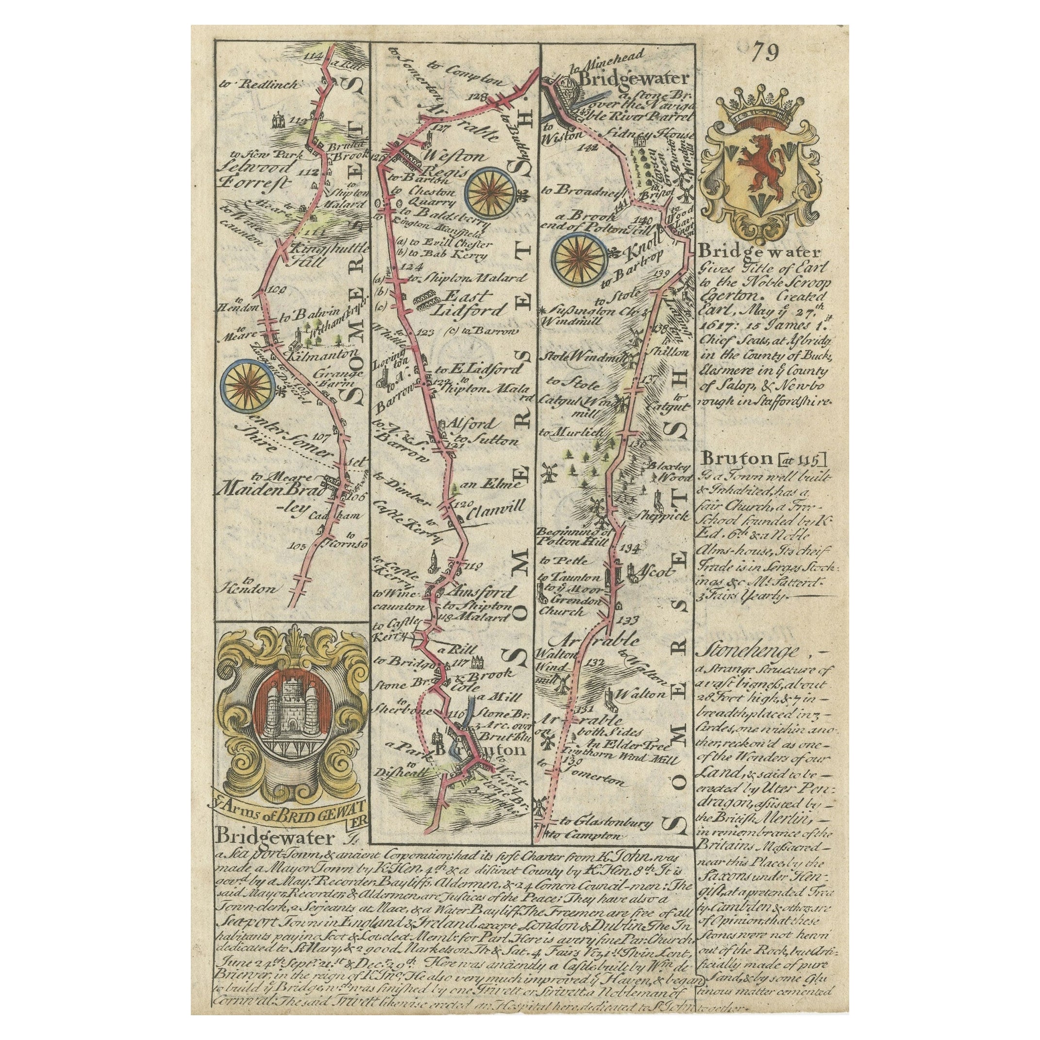 Raro Mapa Antiguo de la Ruta de Maiden Bridge a Dulverton, Inglaterra, c.1720