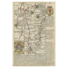 Raro Mapa Antiguo de la Ruta de Maiden Bridge a Dulverton, Inglaterra, c.1720