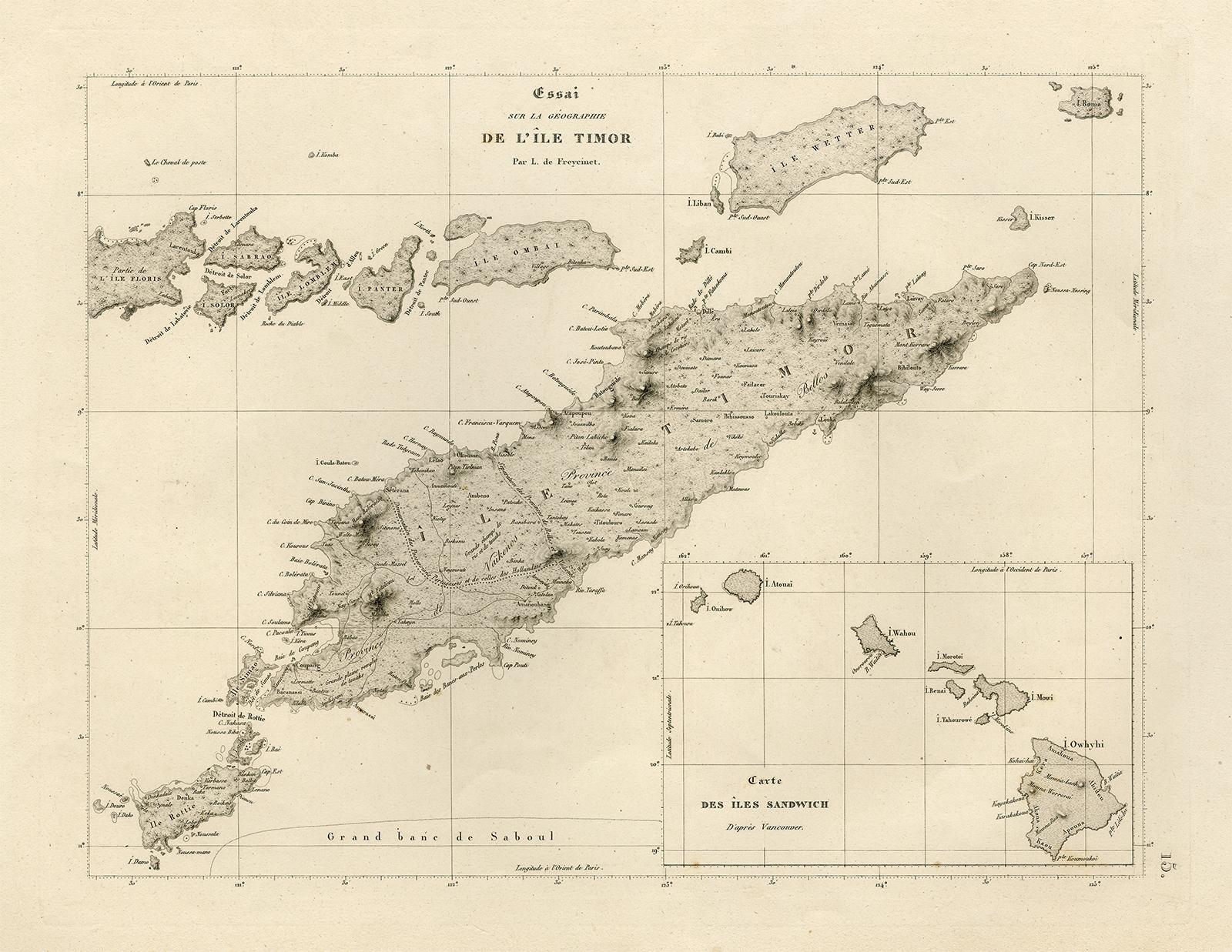 Antique map titled 'Essai sur la Geographie de l'Ile Timor.' 

A map showing Timor and the surrounding nearby islands (Floris, Sabrao, Solor, Lomblem, Panter, Ombai and Wetter. With an inset map of the Sandwich Islands (Hawaii). Source: 'Voyage