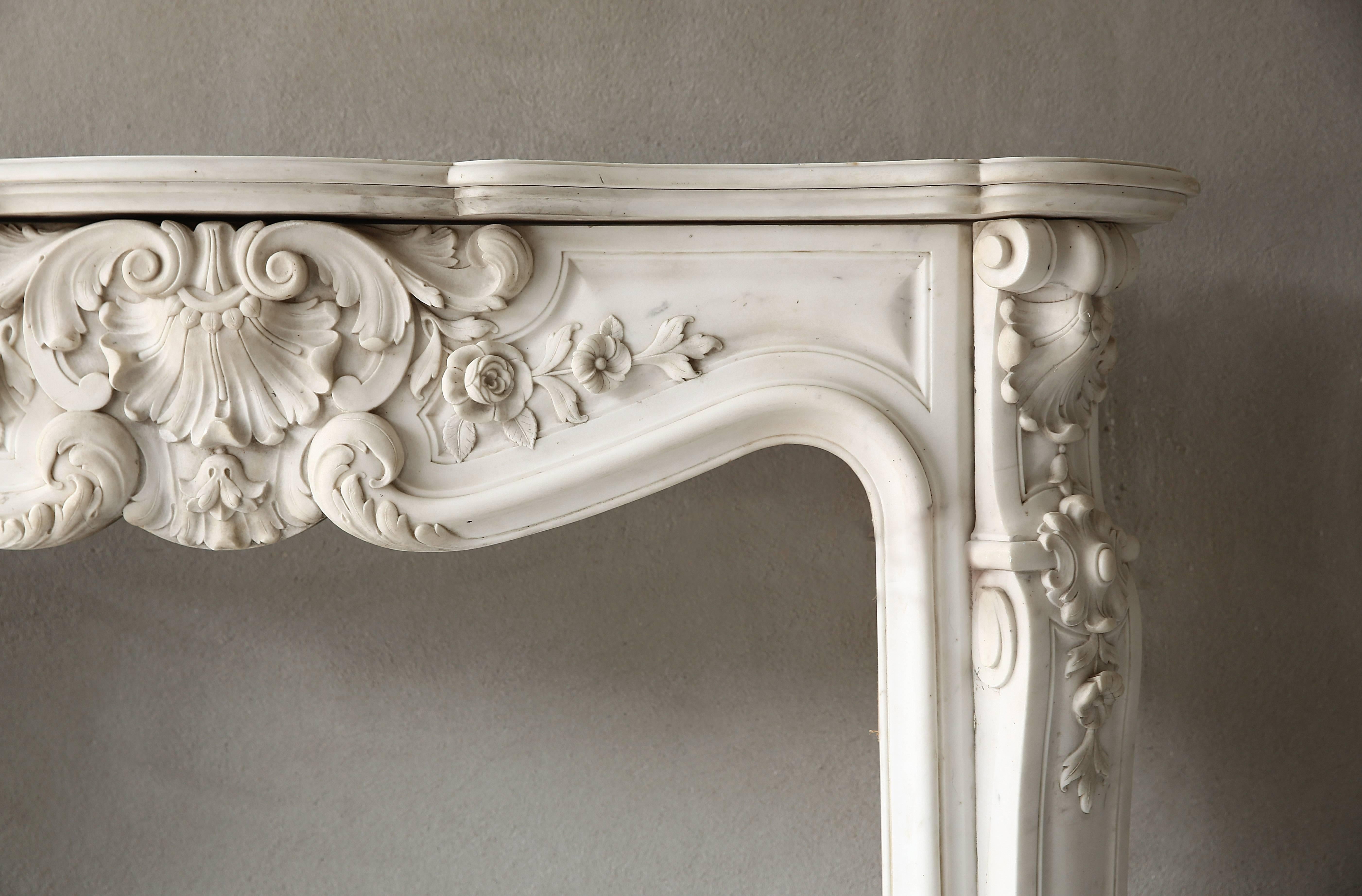 Carved Rare Antique Marble Fireplace in Statuario Carrara Marble
