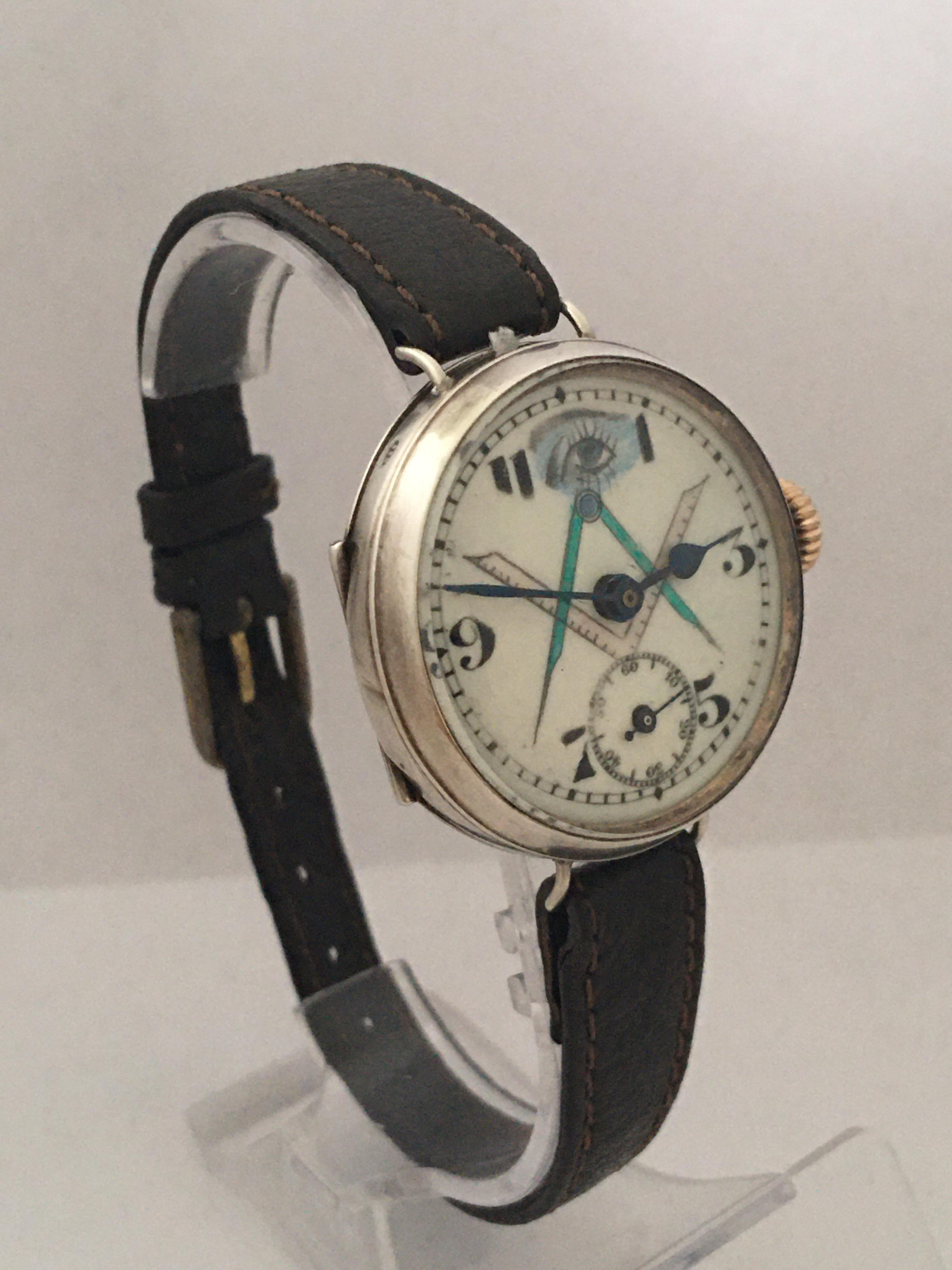 Rare Antique Masonic Silver Trench Watch 6