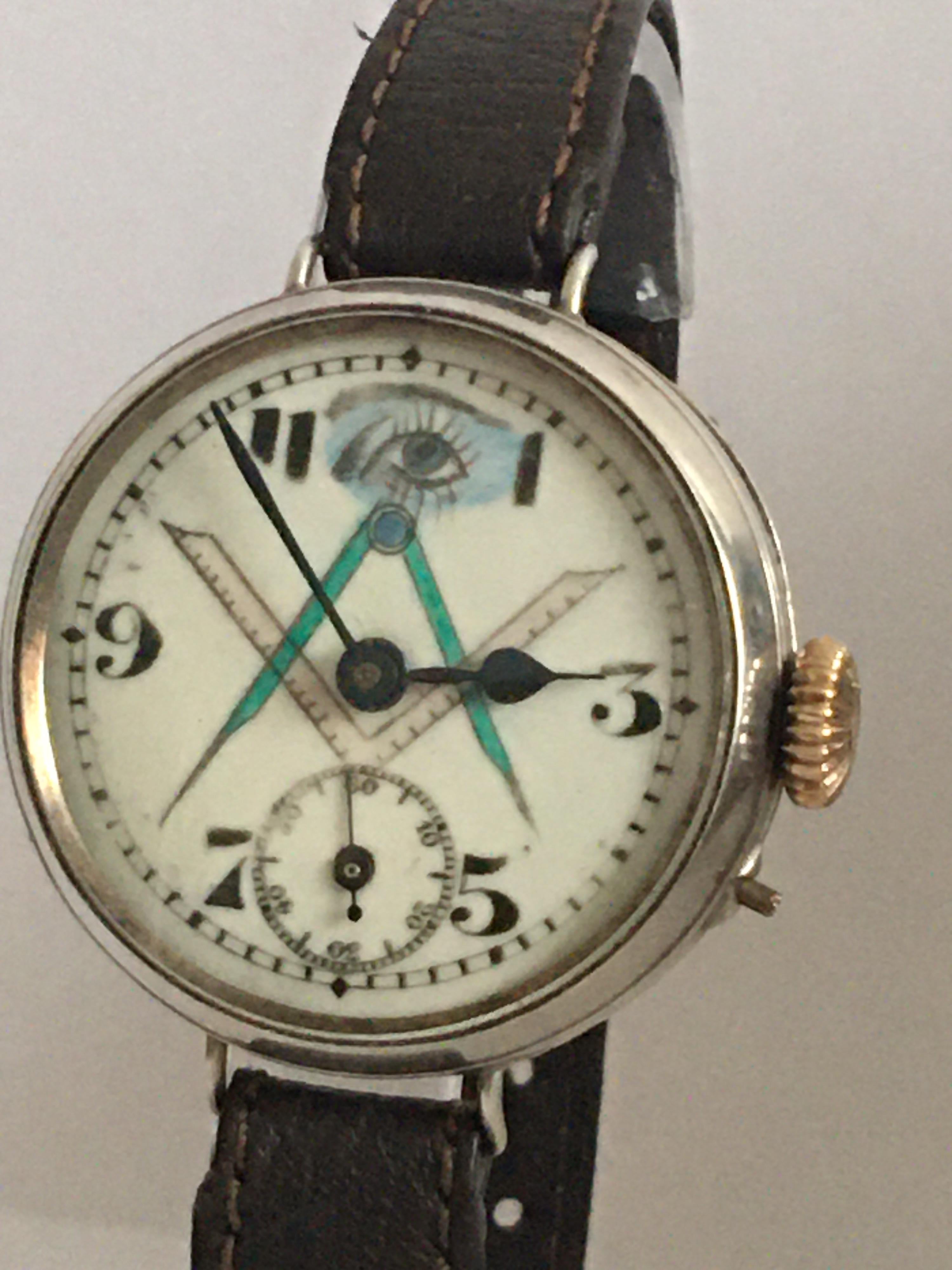 Rare Antique Masonic Silver Trench Watch 7