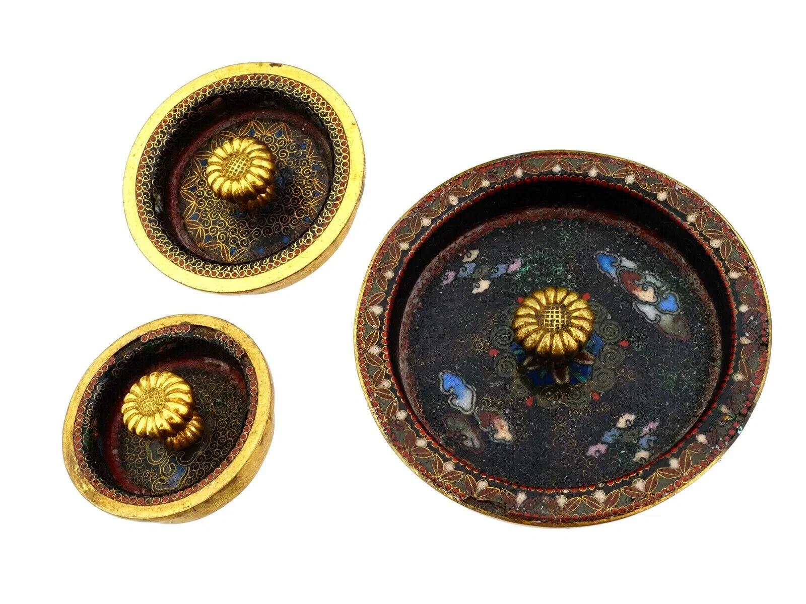Raro juego de 3 piezas de esmalte de cloisonné japonés Meiji antiguo para la ceremonia del té del dragón en venta 3