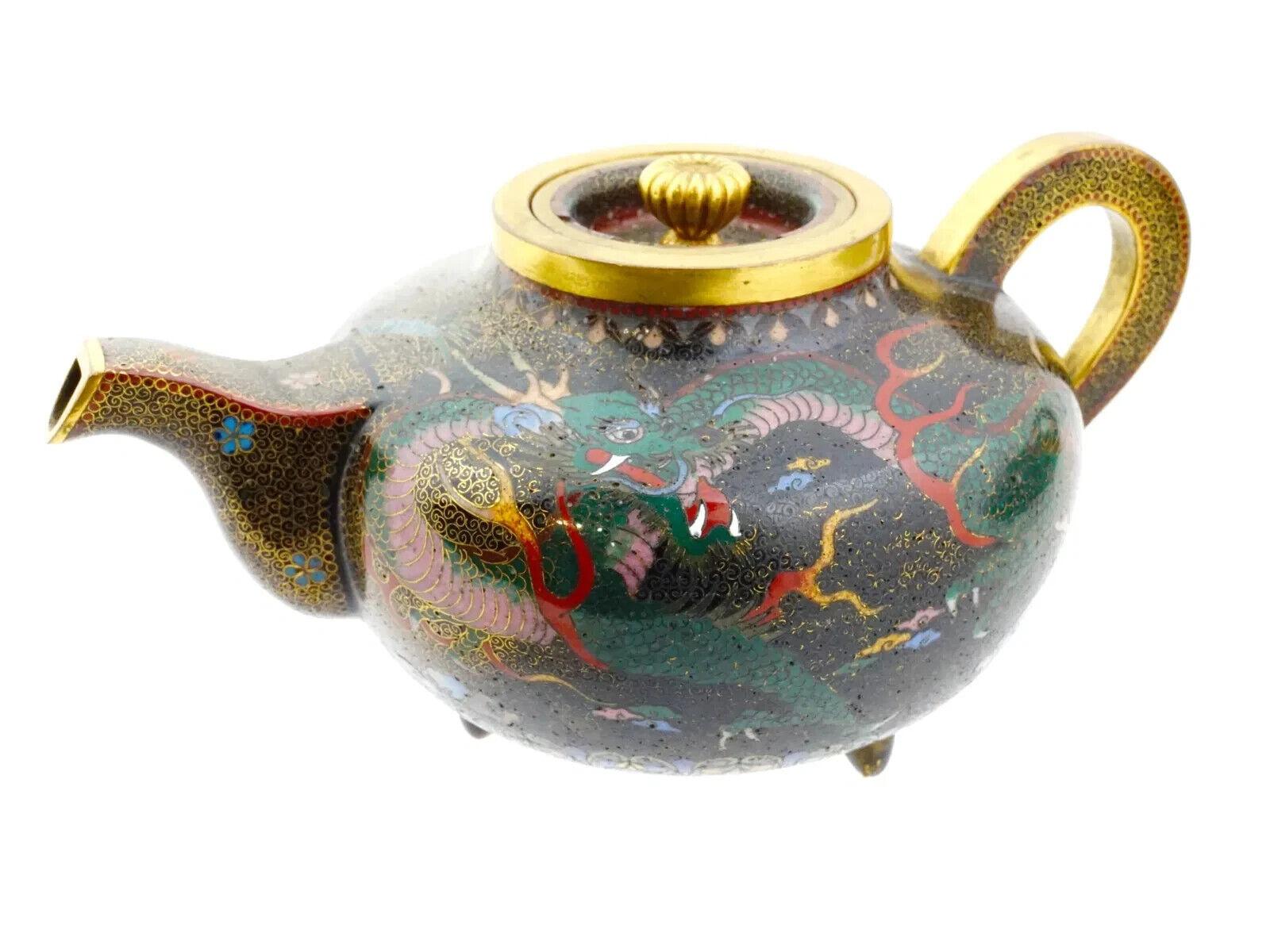 Raro juego de 3 piezas de esmalte de cloisonné japonés Meiji antiguo para la ceremonia del té del dragón Esmalte en venta