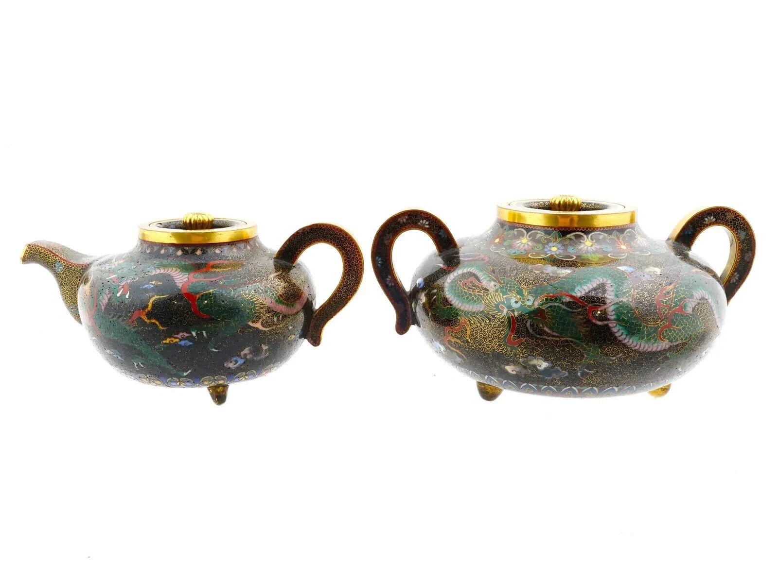 Raro juego de 3 piezas de esmalte de cloisonné japonés Meiji antiguo para la ceremonia del té del dragón en venta 1