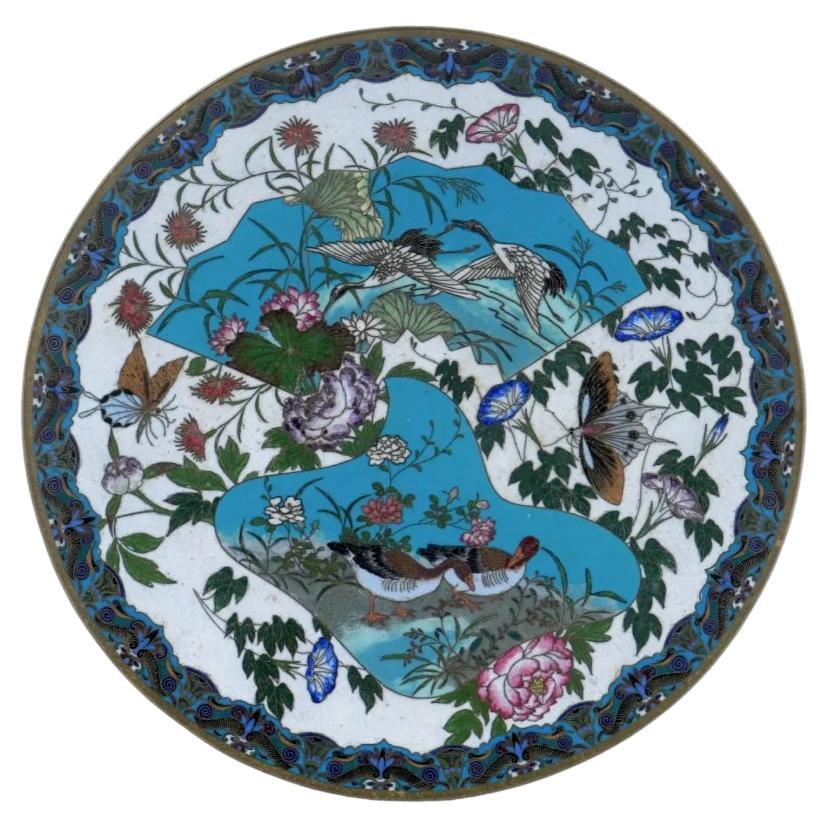 Rare Antique Meiji Japanese Cloisonne White Enamel Butterfly Plate Charger GOTO