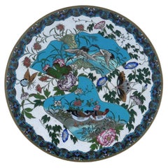 Rare Antique Meiji Japanese Cloisonne White Enamel Butterfly Plate Charger GOTO