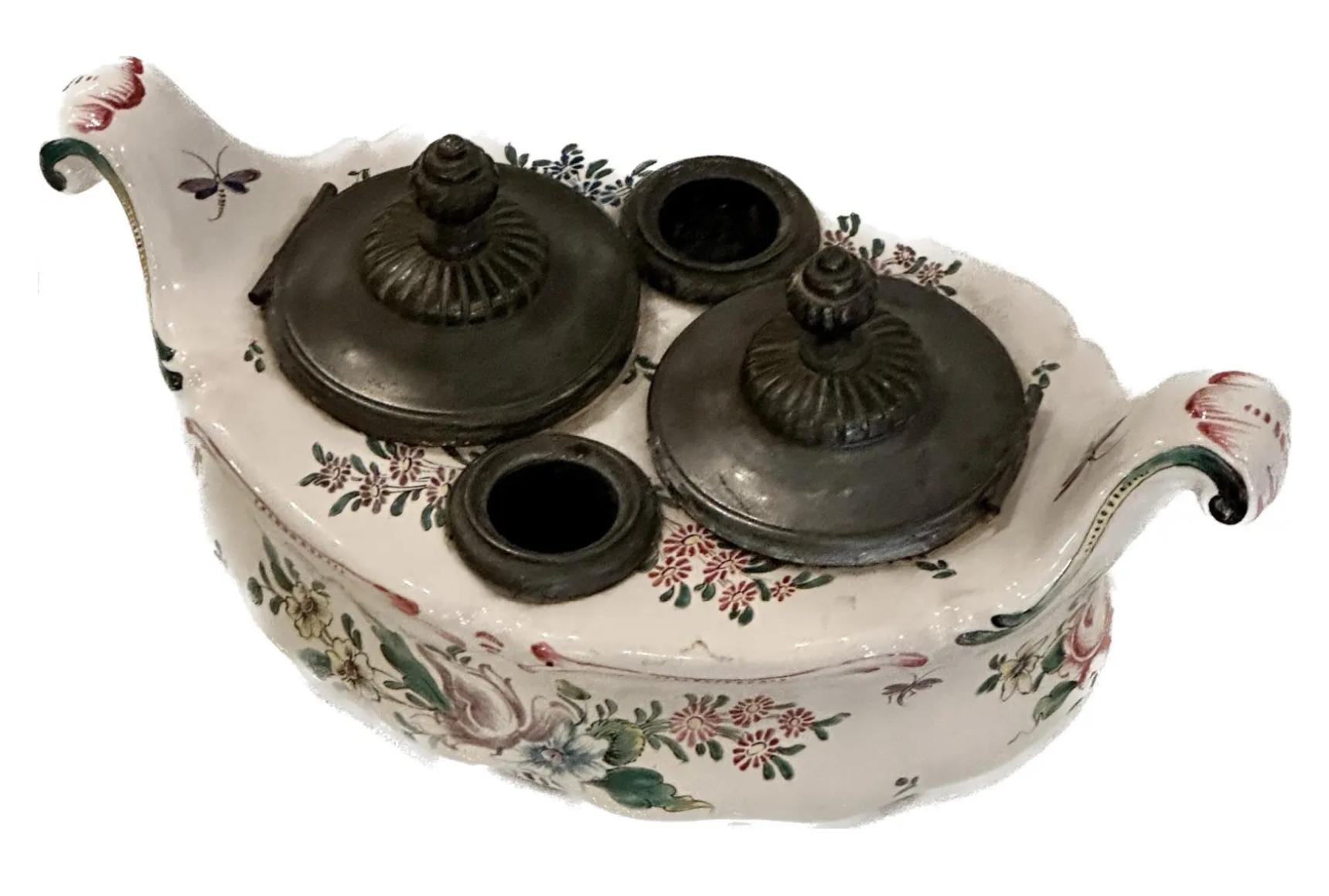 French Provincial Rare Antique Mid-19th C Veuve Perrin French France Pottery Inkwell For Sale