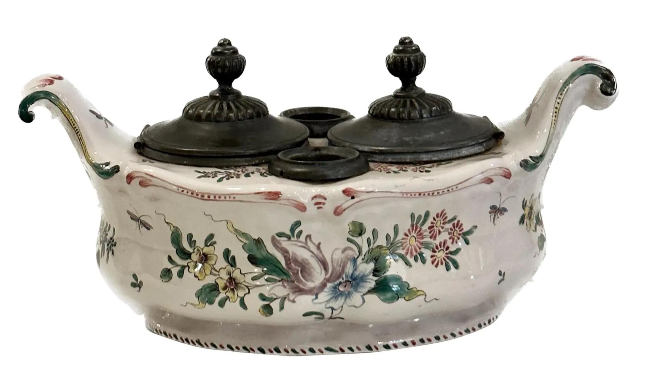 19th Century Rare Antique Mid-19th C Veuve Perrin French France Pottery Inkwell For Sale