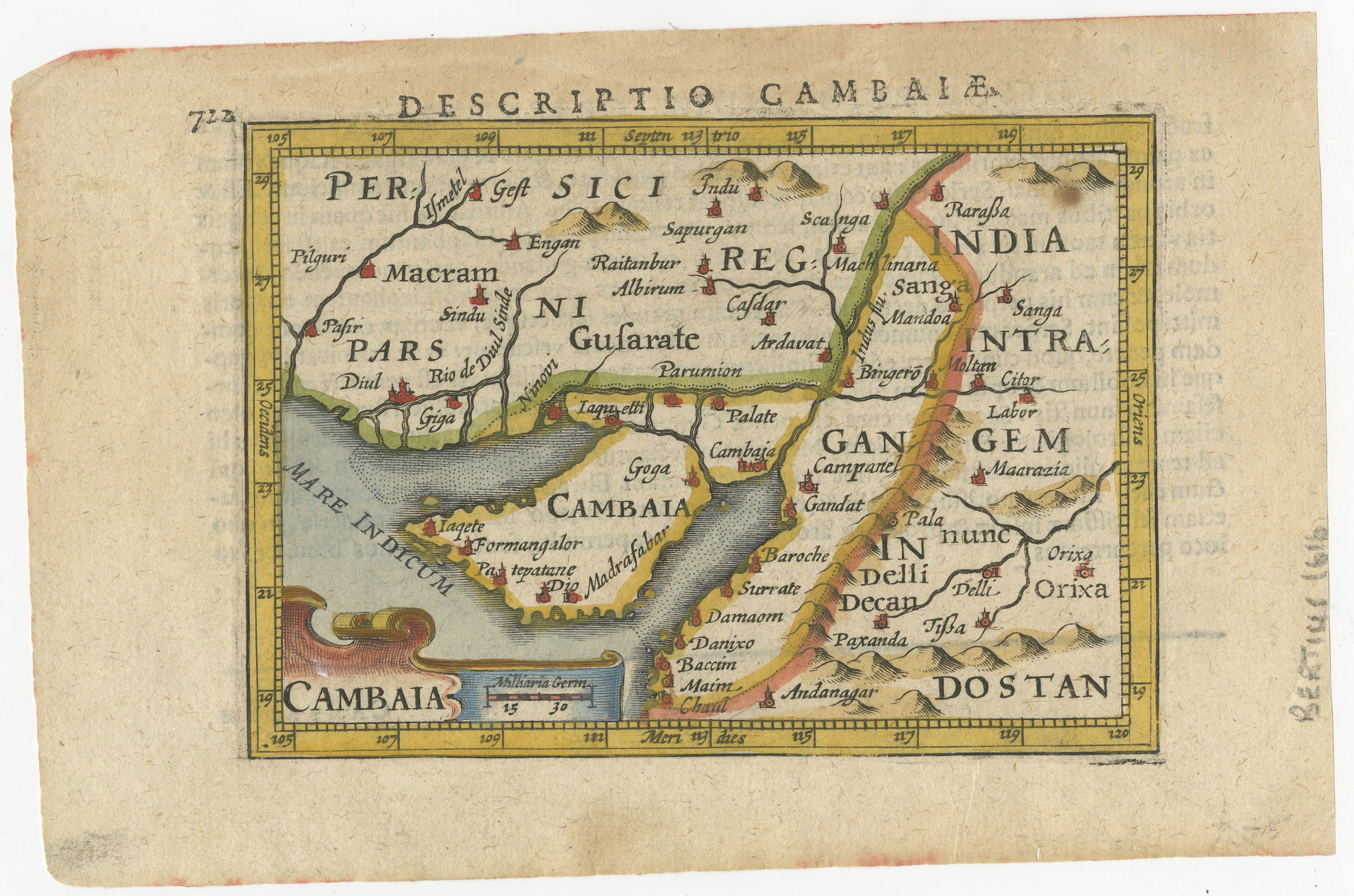 Old 17th century miniature antique map of 'Cambaia' , from the 1616 edition of Jadocus Hondius Atlas by Petrus Bertius.

Original copperplate engraving with hand coloring.

Cartographer: Petrus Bertius
Bertius was also connected by marriage to