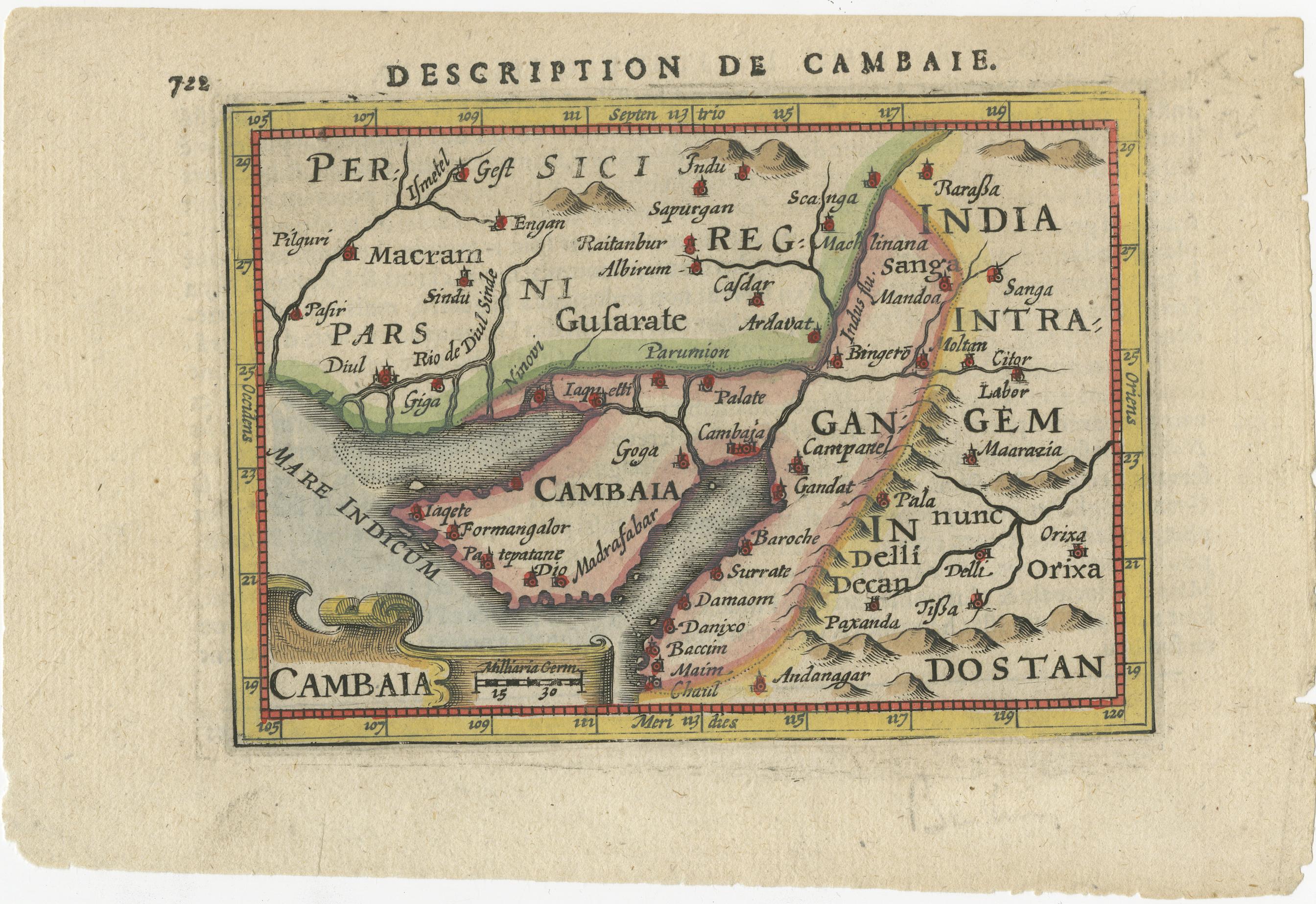 Old 17th century miniature antique map of 'Cambaia' , from the 1616 edition of Jadocus Hondius Atlas by Petrus Bertius.

Original copperplate engraving with hand coloring.

Cartographer: Petrus Bertius
Bertius was also connected by marriage to