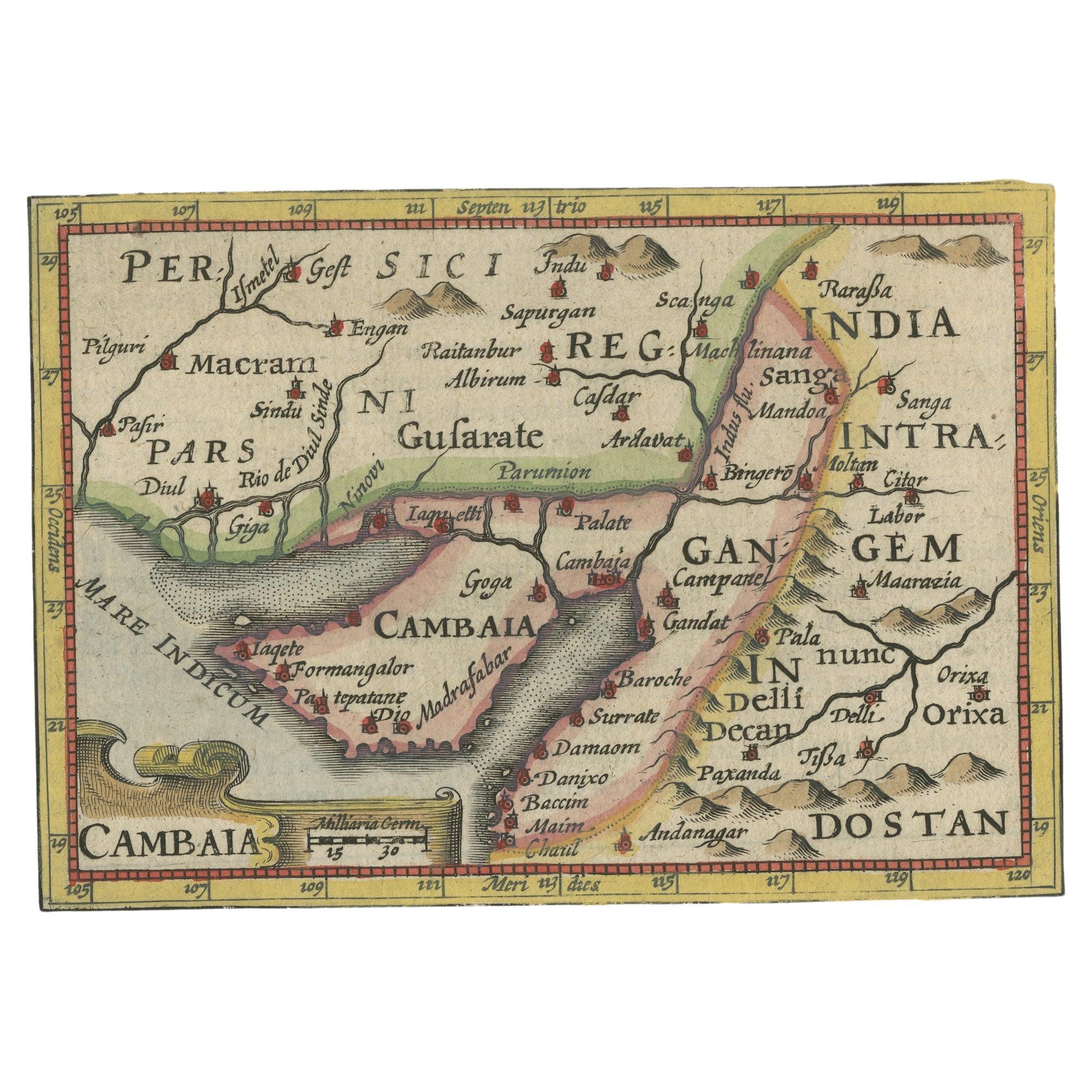 Rare carte miniature ancienne du Pakistan, de l'Inde et du Cambodge, vers 1618