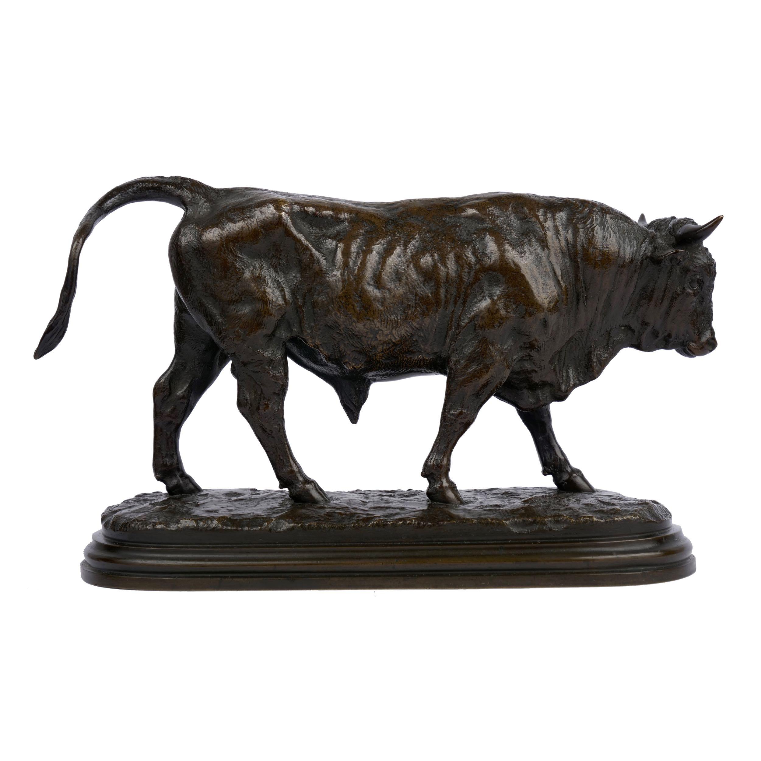 A rare and fine sculpture that is extensively documented in the relatively small body of Rosa Bonheur’s work in bronze, the model captures a Striding Bull over a naturalistic base. A treacherous and powerful animal, he is portrayed as a lean and
