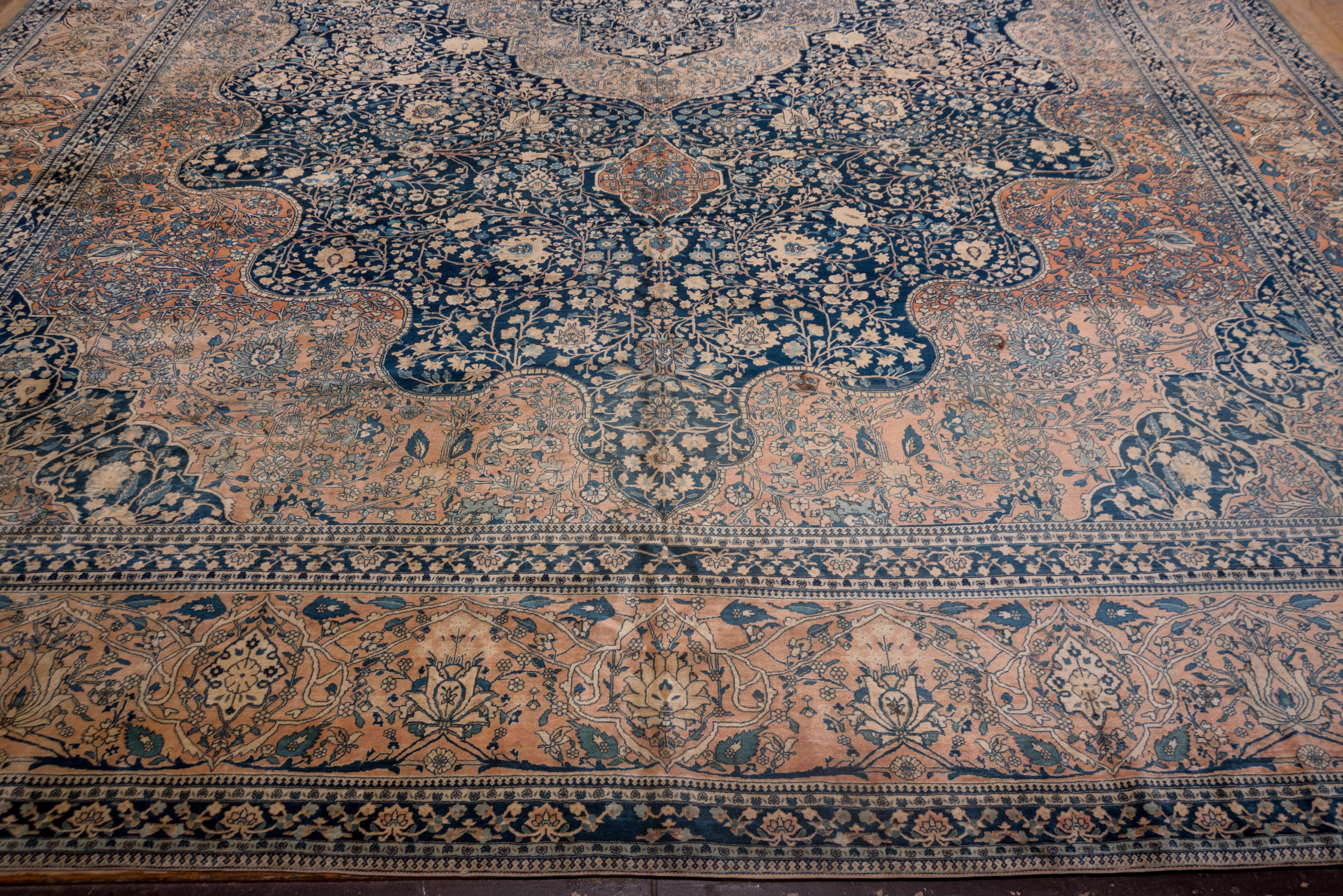 Hand-Knotted Rare Antique Mohtasham Kashan Carpet, Navy Field, Mansion Carpet For Sale