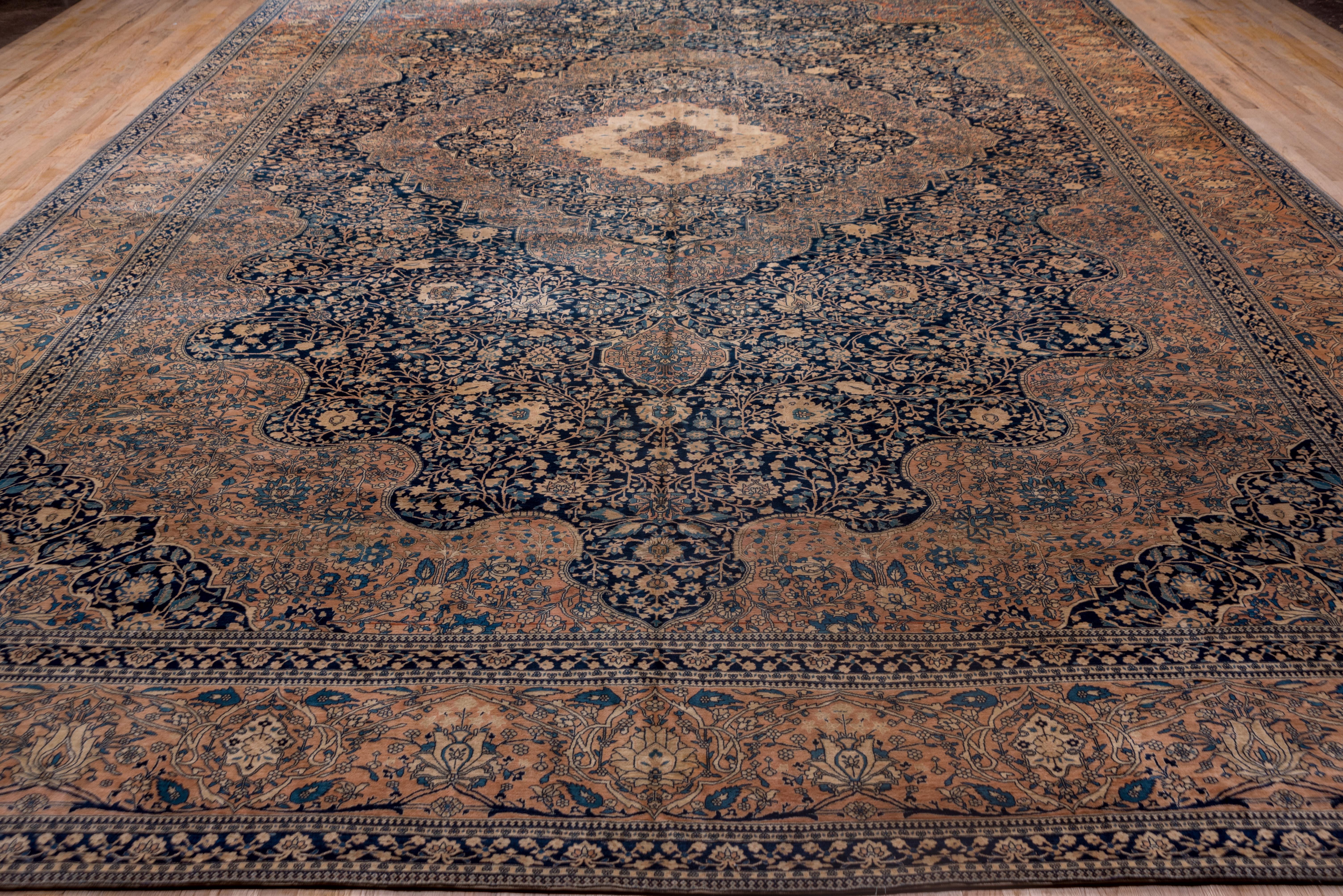 Rare Antique Mohtasham Kashan Carpet, Navy Field, Mansion Carpet In Good Condition For Sale In New York, NY