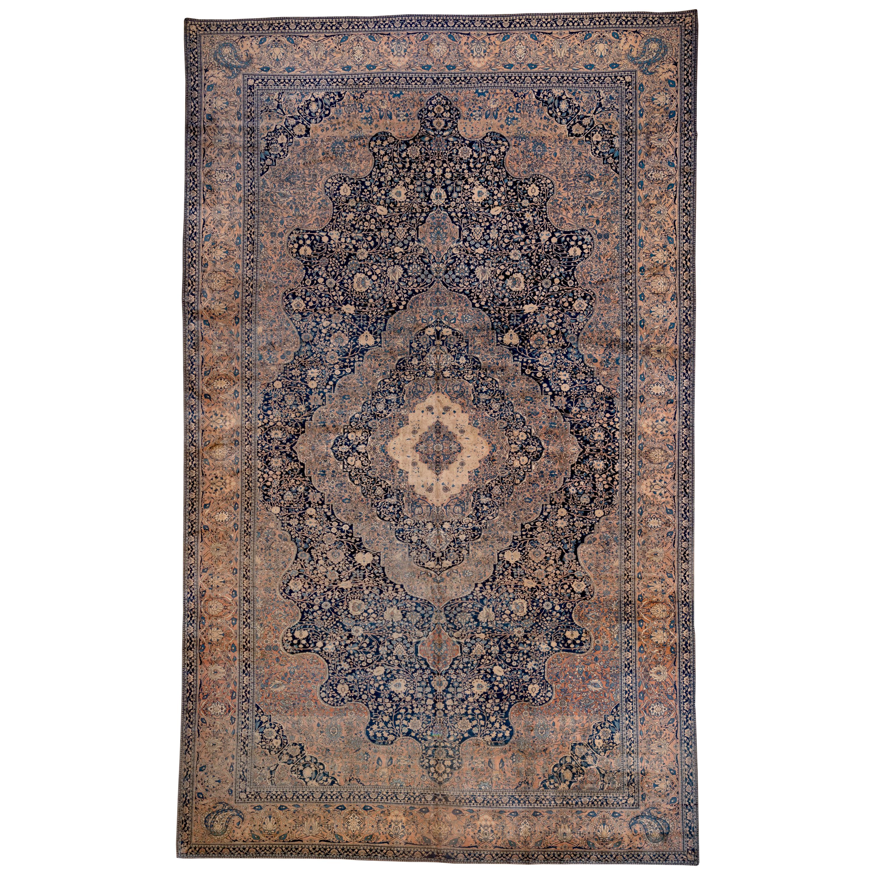 Rare Antique Mohtasham Kashan Carpet, Navy Field, Mansion Carpet For Sale