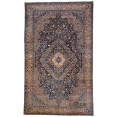 Rare Antique Mohtasham Kashan Carpet, Navy Field, Mansion Carpet
